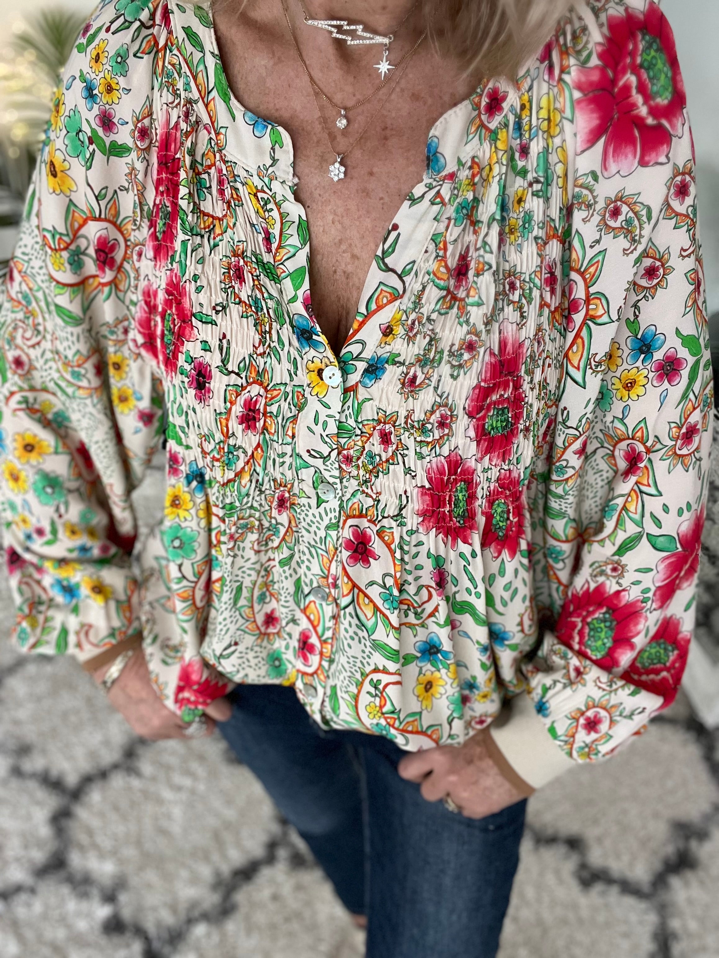 Floral Blouse with Elasticated Cuffs in Stone
