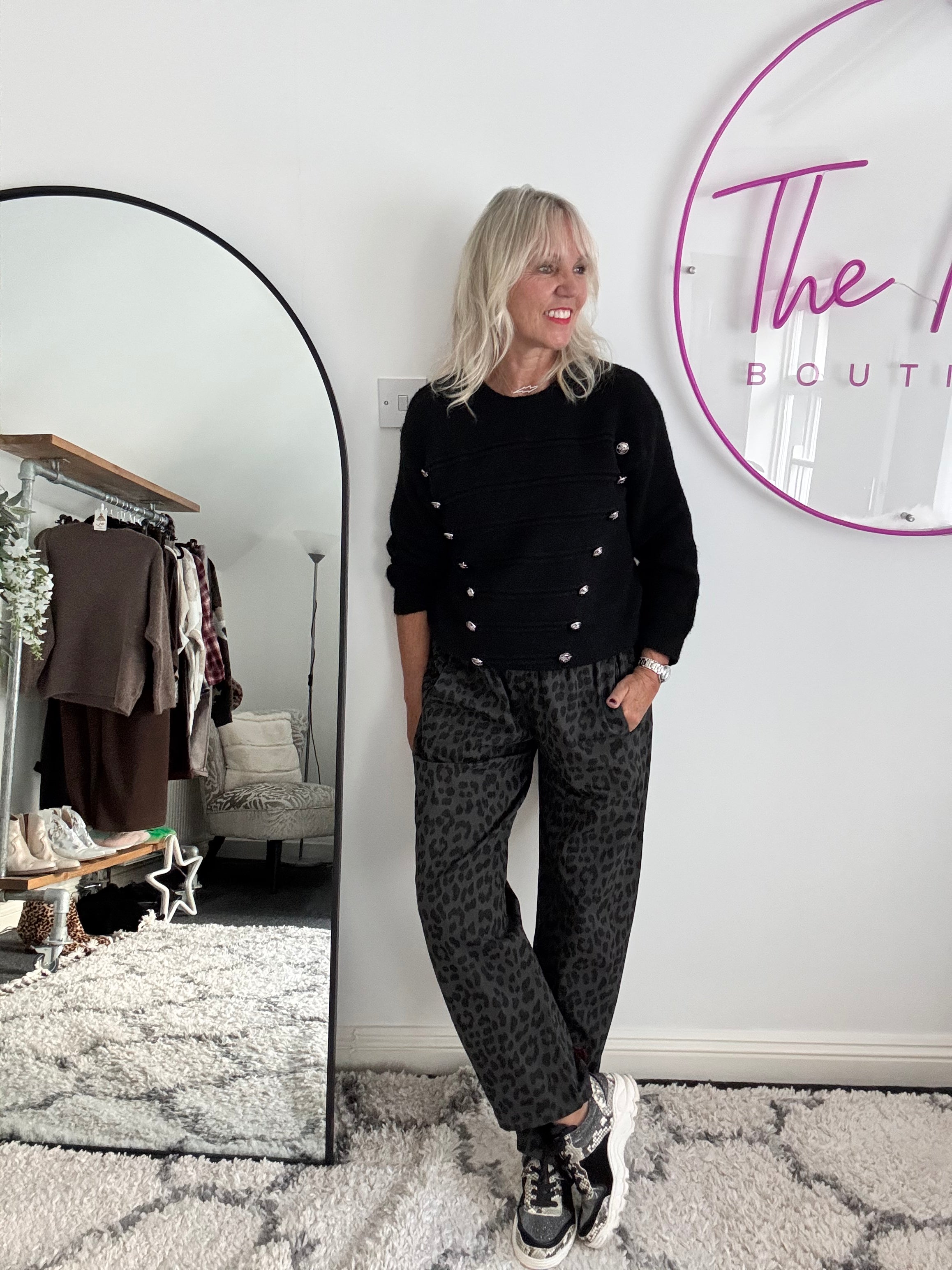 Animal Print Trousers in Charcoal Leopard