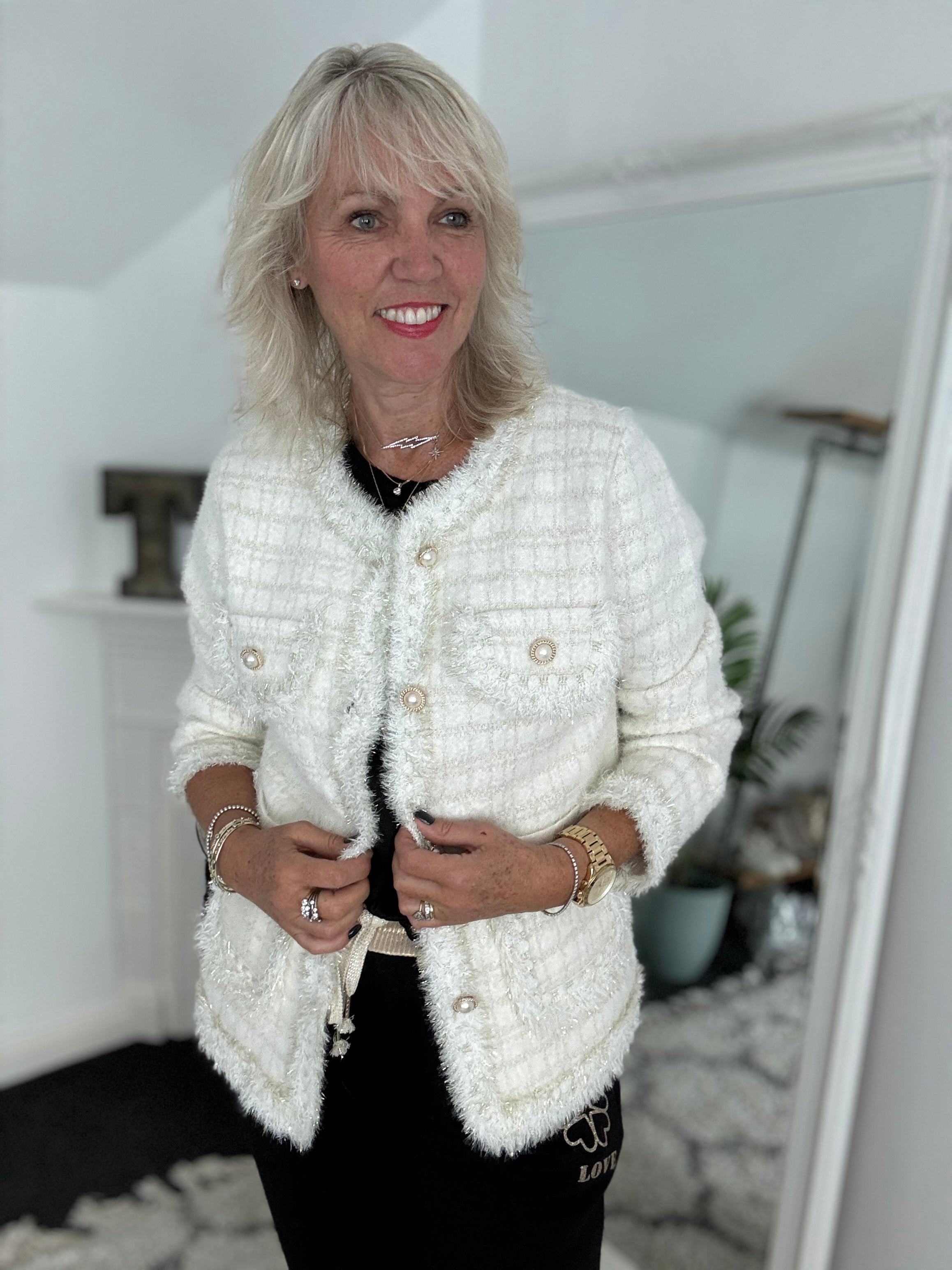 Pearl Button & Tweed Cardi Jacket in Ivory