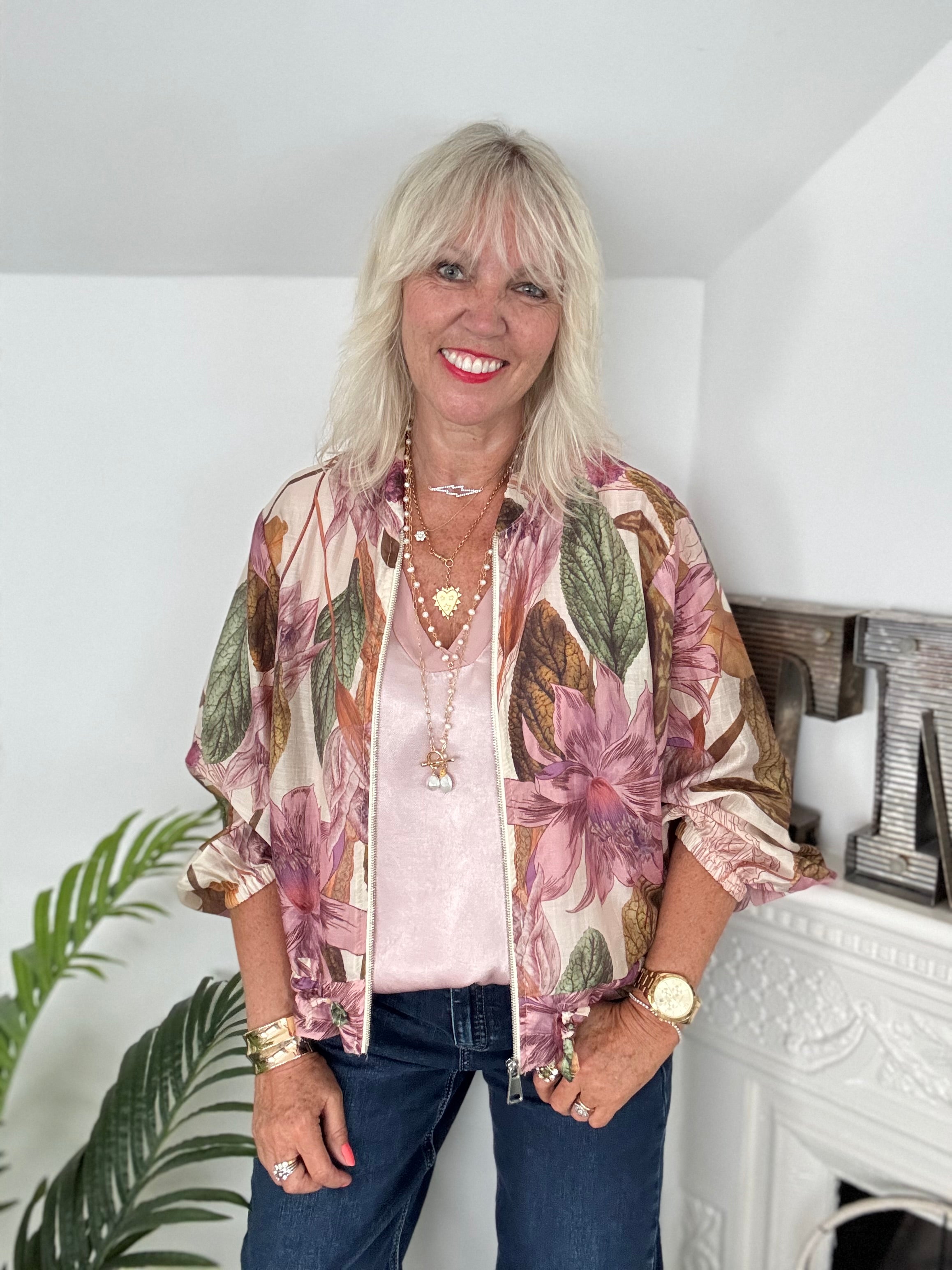 Floral Bomber Jacket in Pink & Khaki