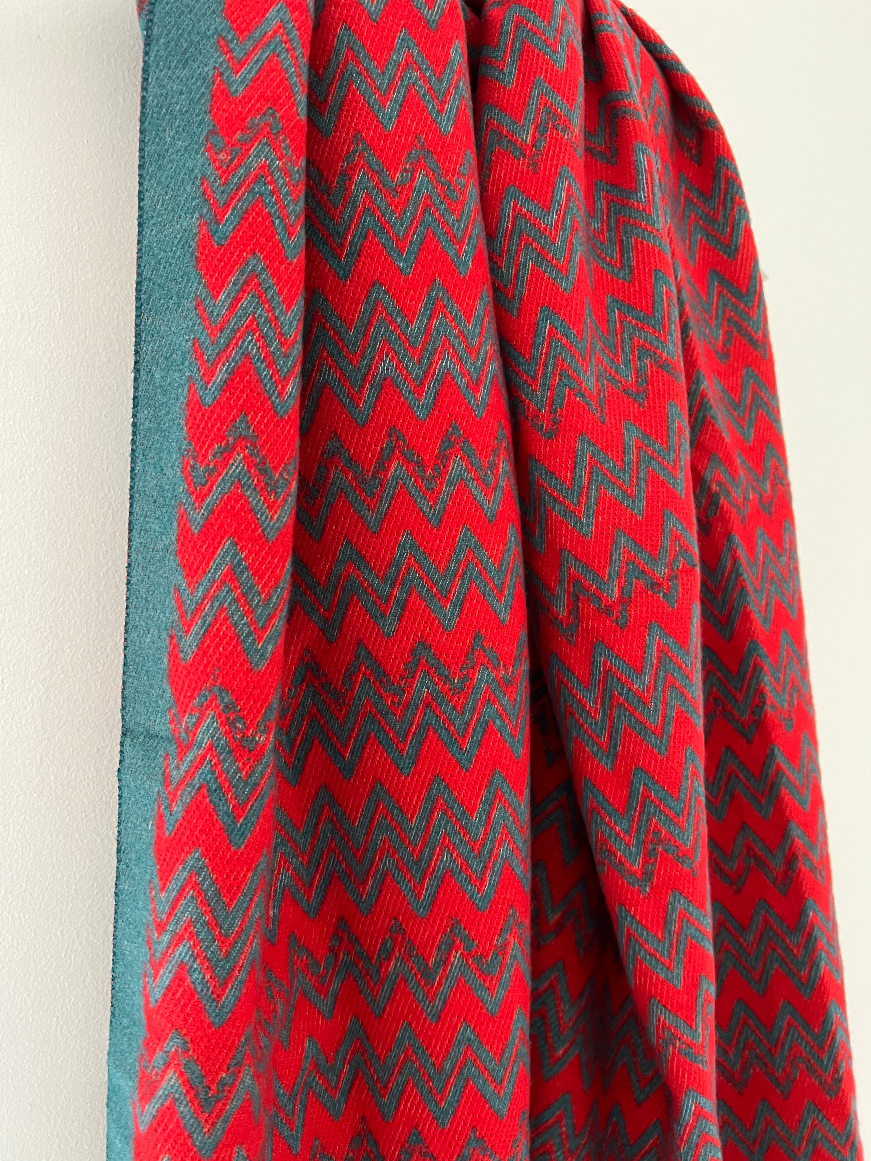 Teal & Red Zig Zag Knitted Scarf