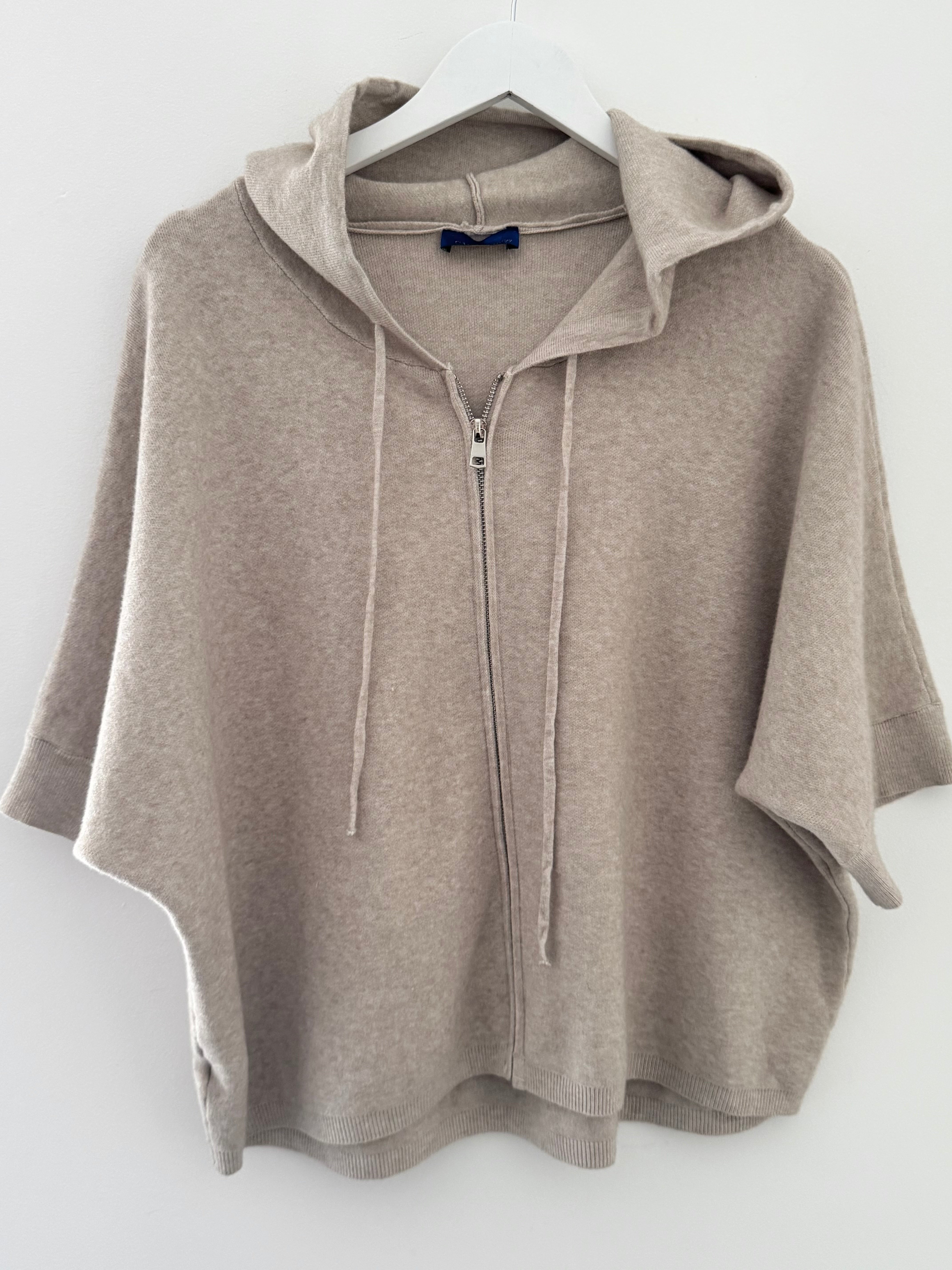 Soft Hooded Zipped Knit in Stone