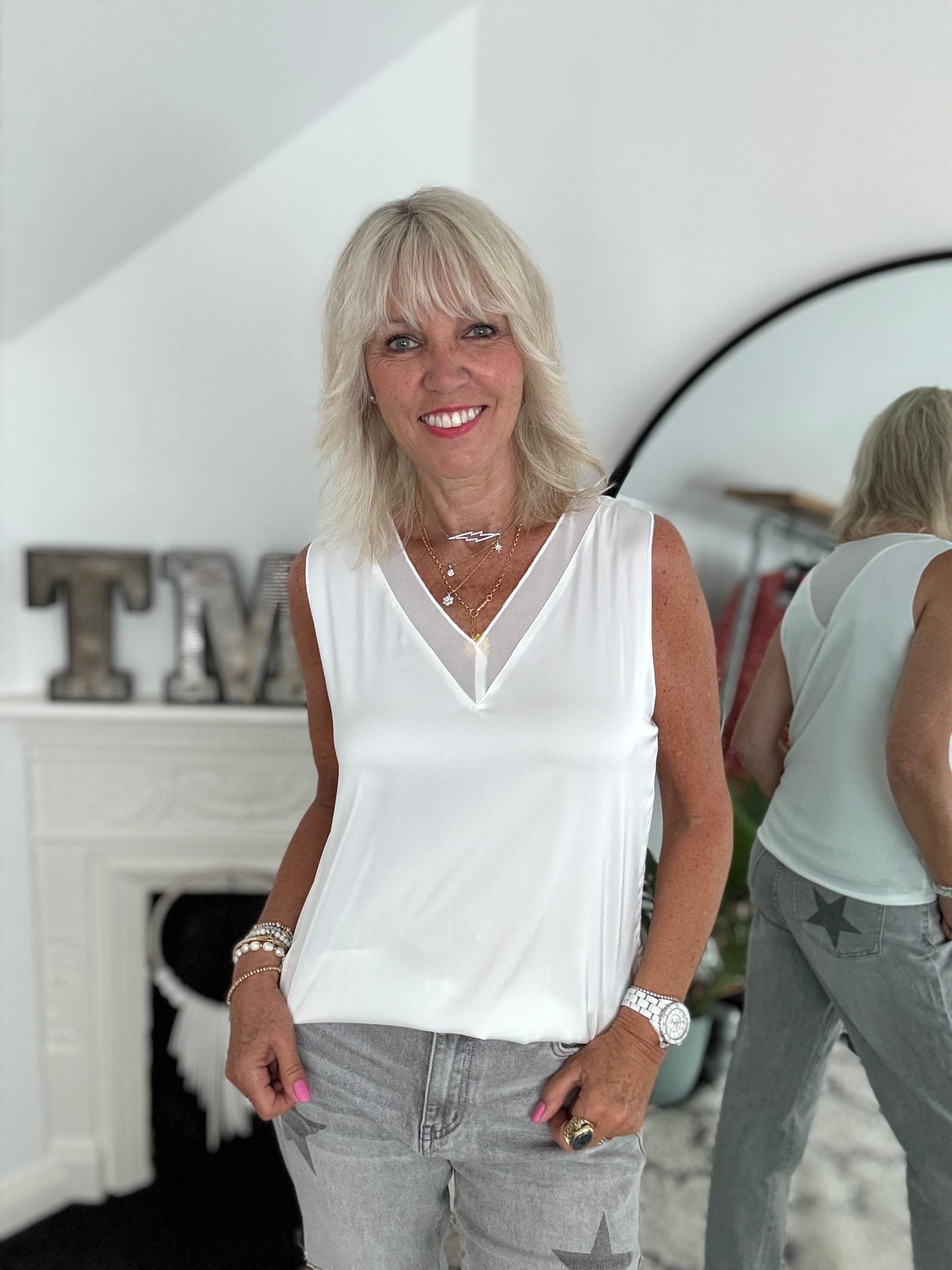 Silky V Neck Vest in Ivory