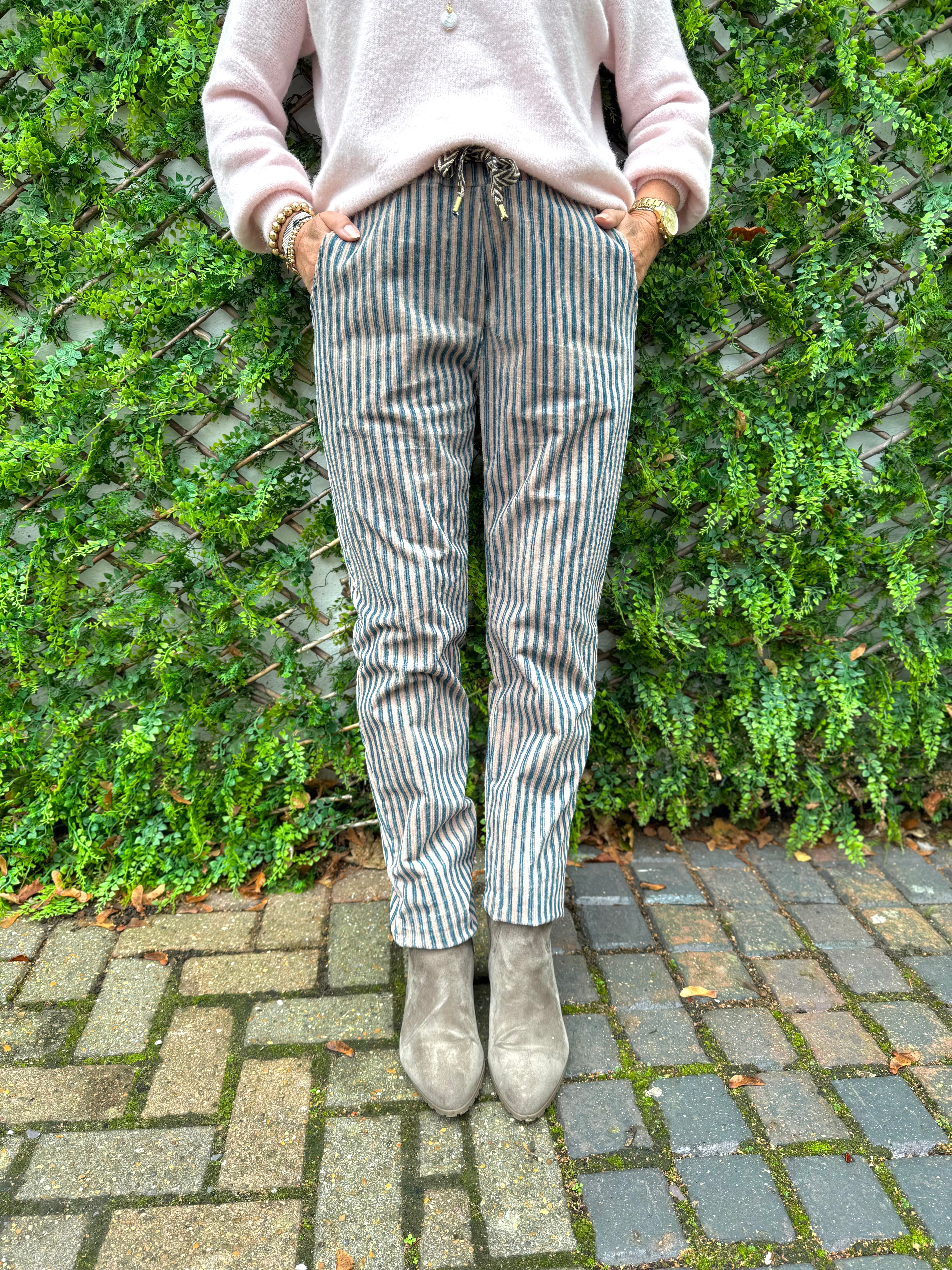 Chenille Cord Joggers in Mocha & Teal Stripe