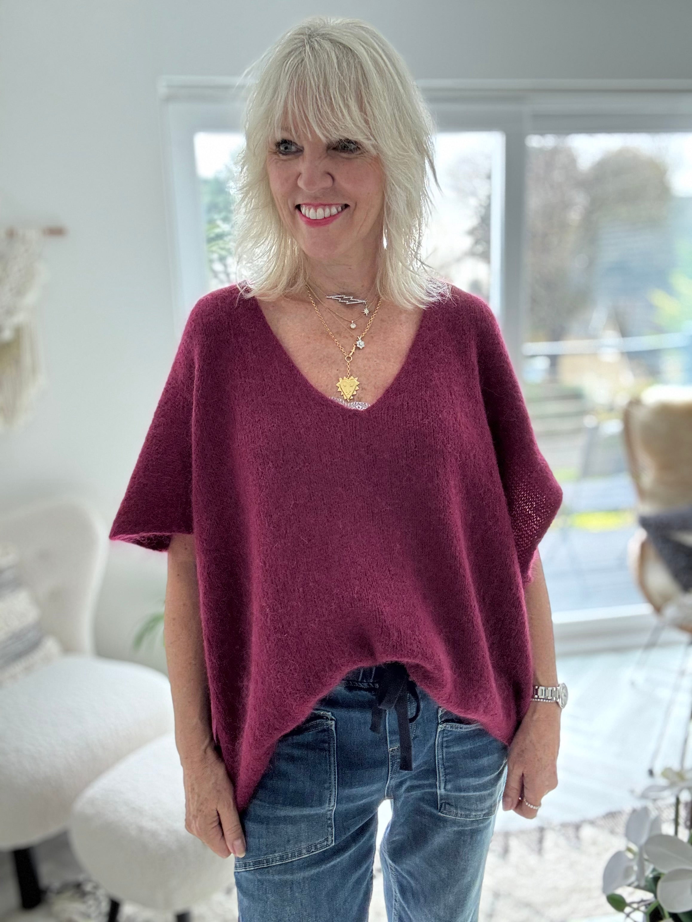 Mohair V Neck Tank in Wine