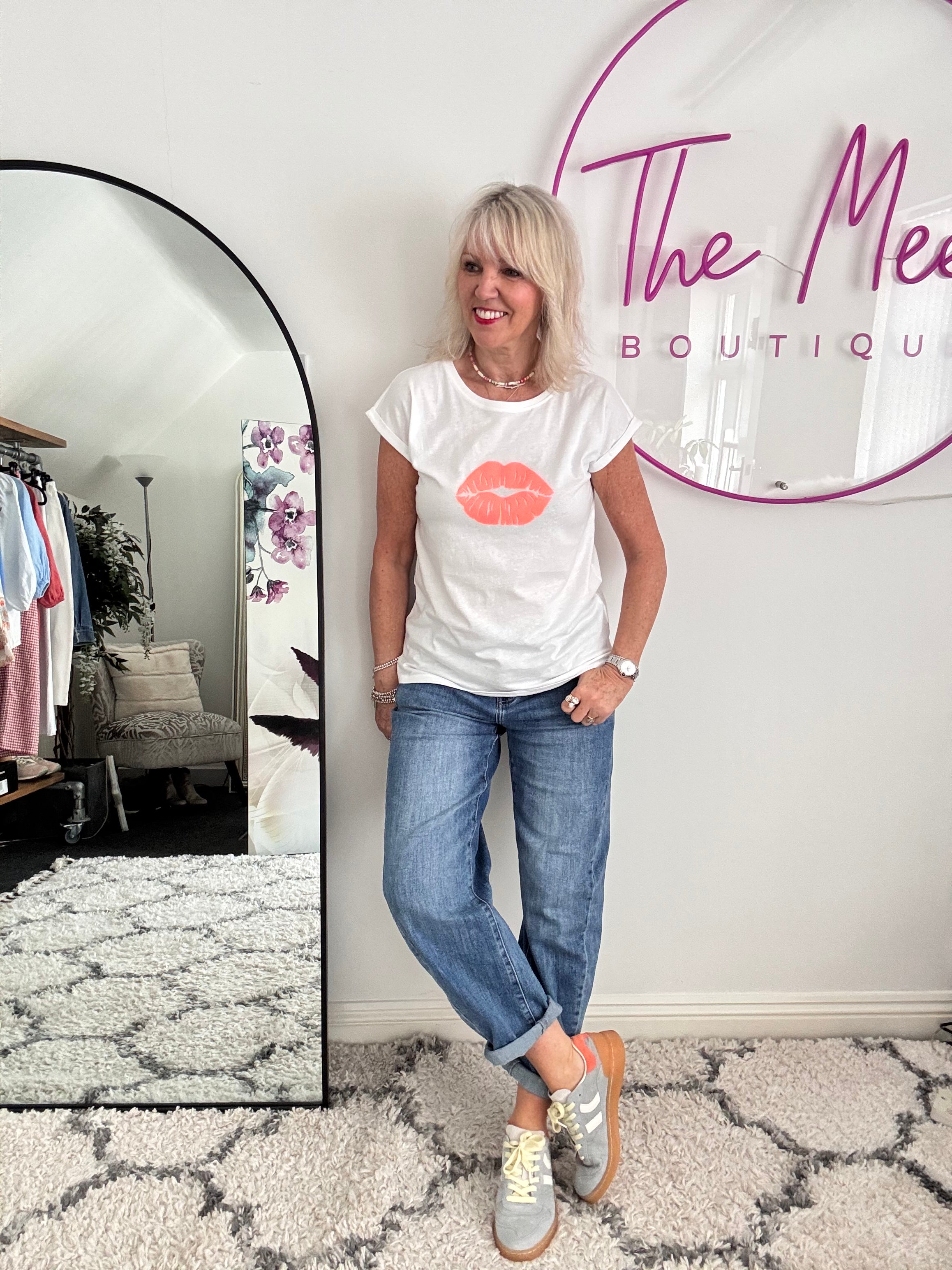 Lips Tee in White & Neon