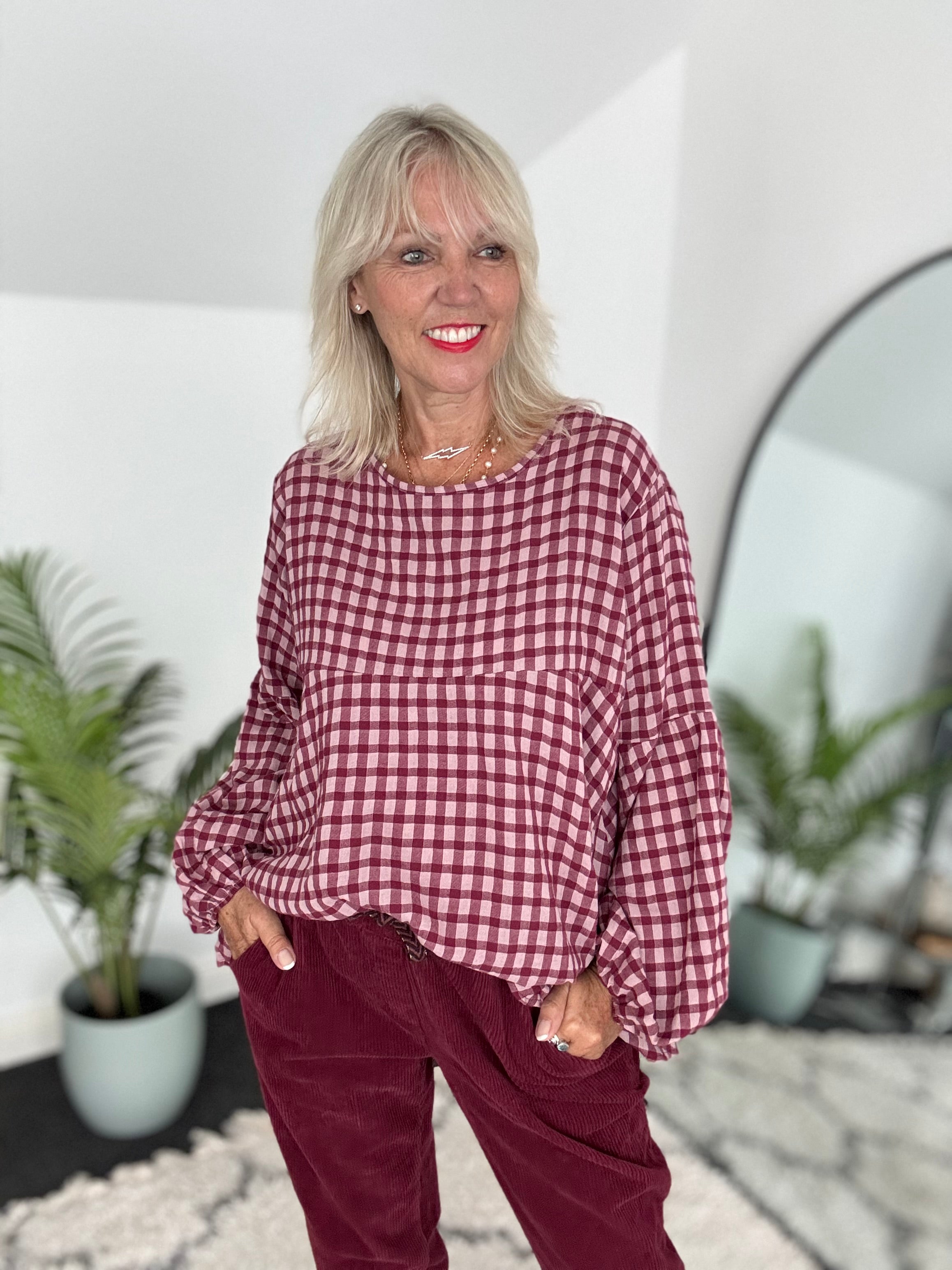 Oversized Check Top in Berry