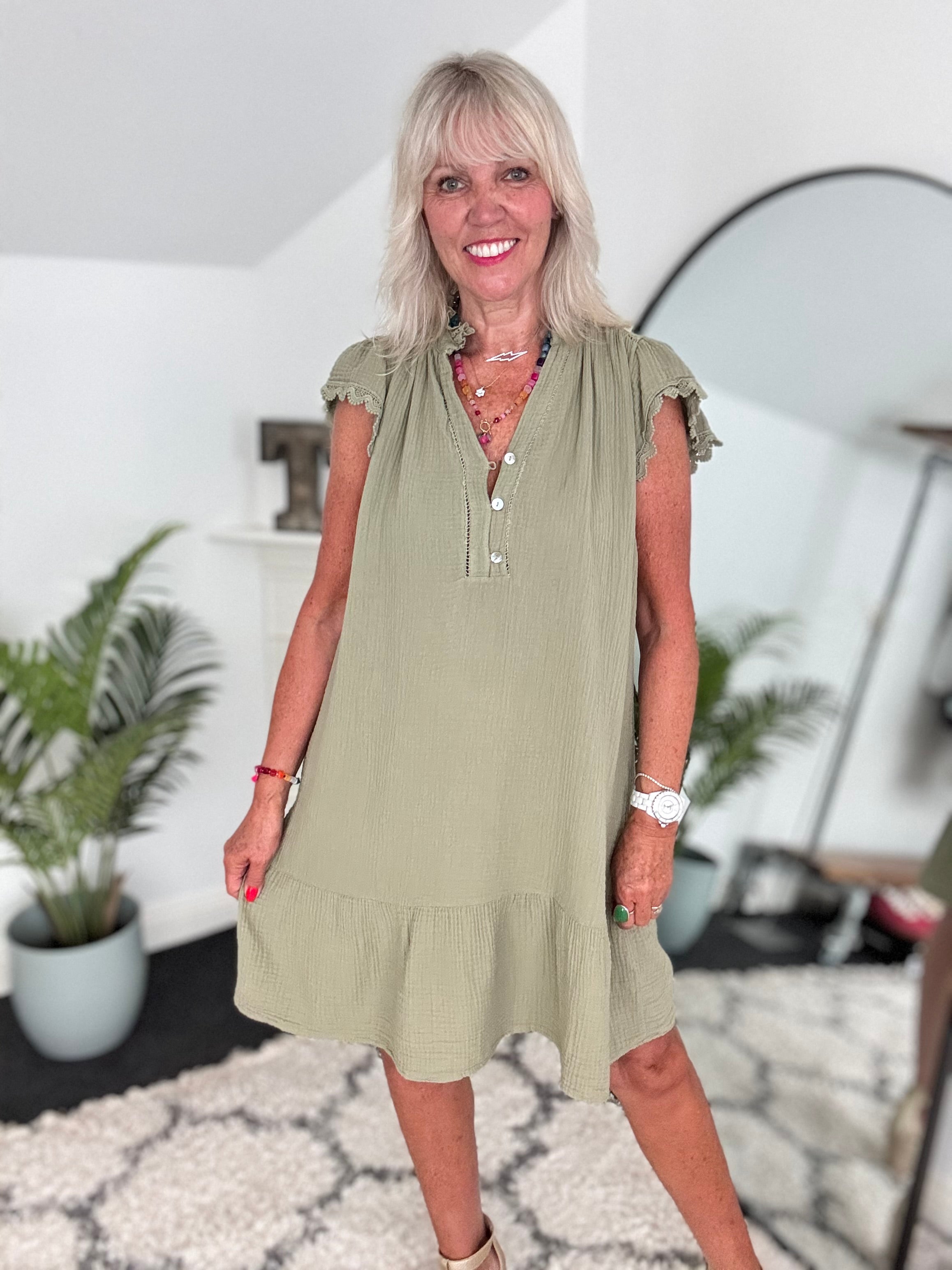 Cheesecloth Dress with Lace Edge Sleeves in Khaki