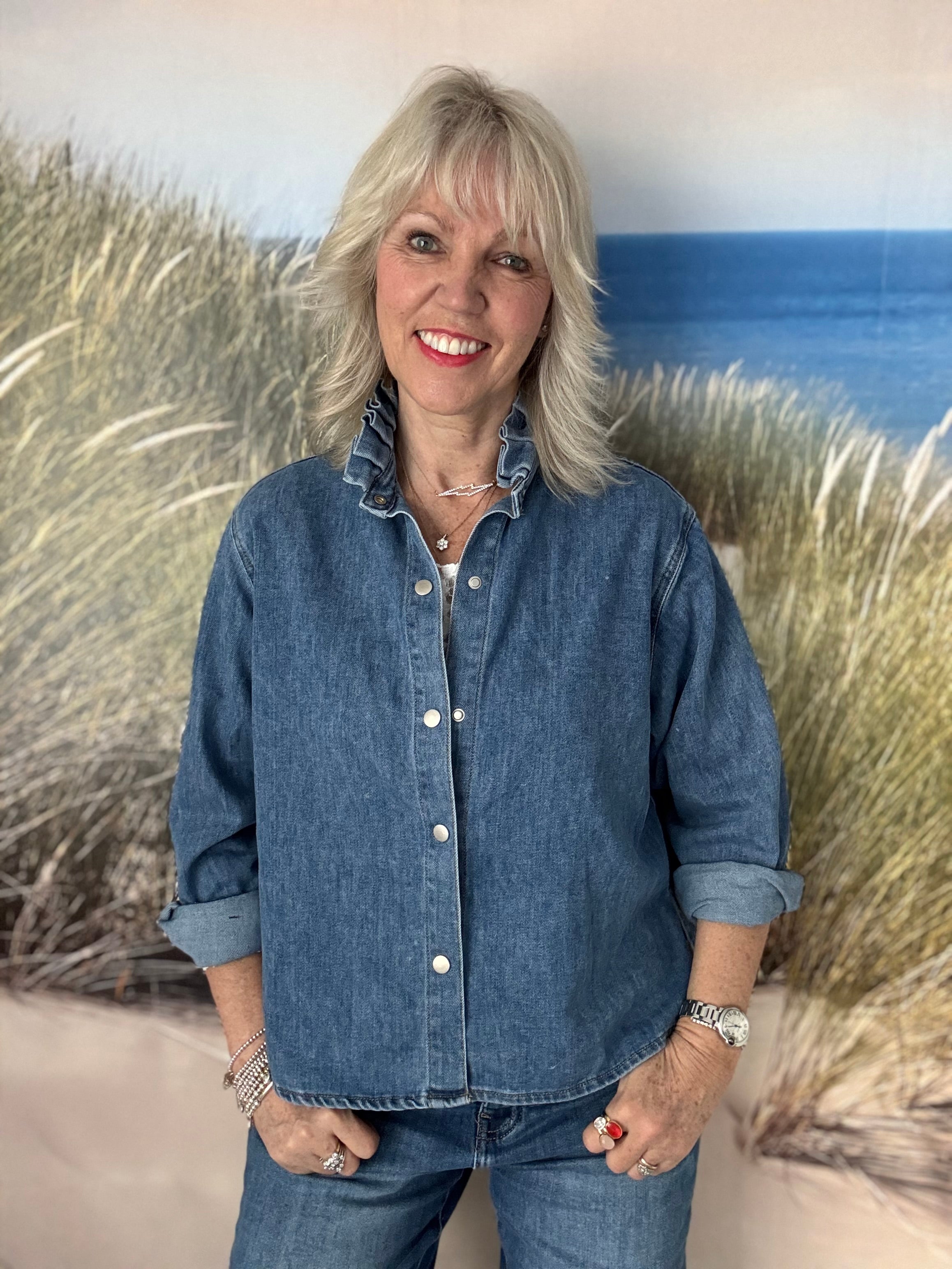 Soft Denim Shirt with Ruffle Collar