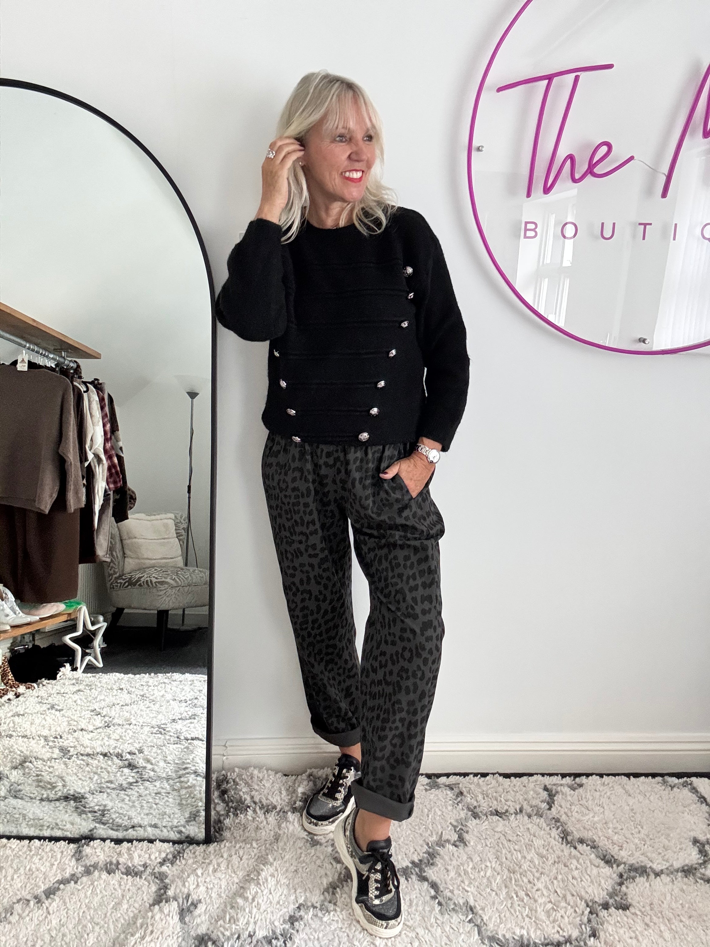 Animal Print Trousers in Charcoal Leopard