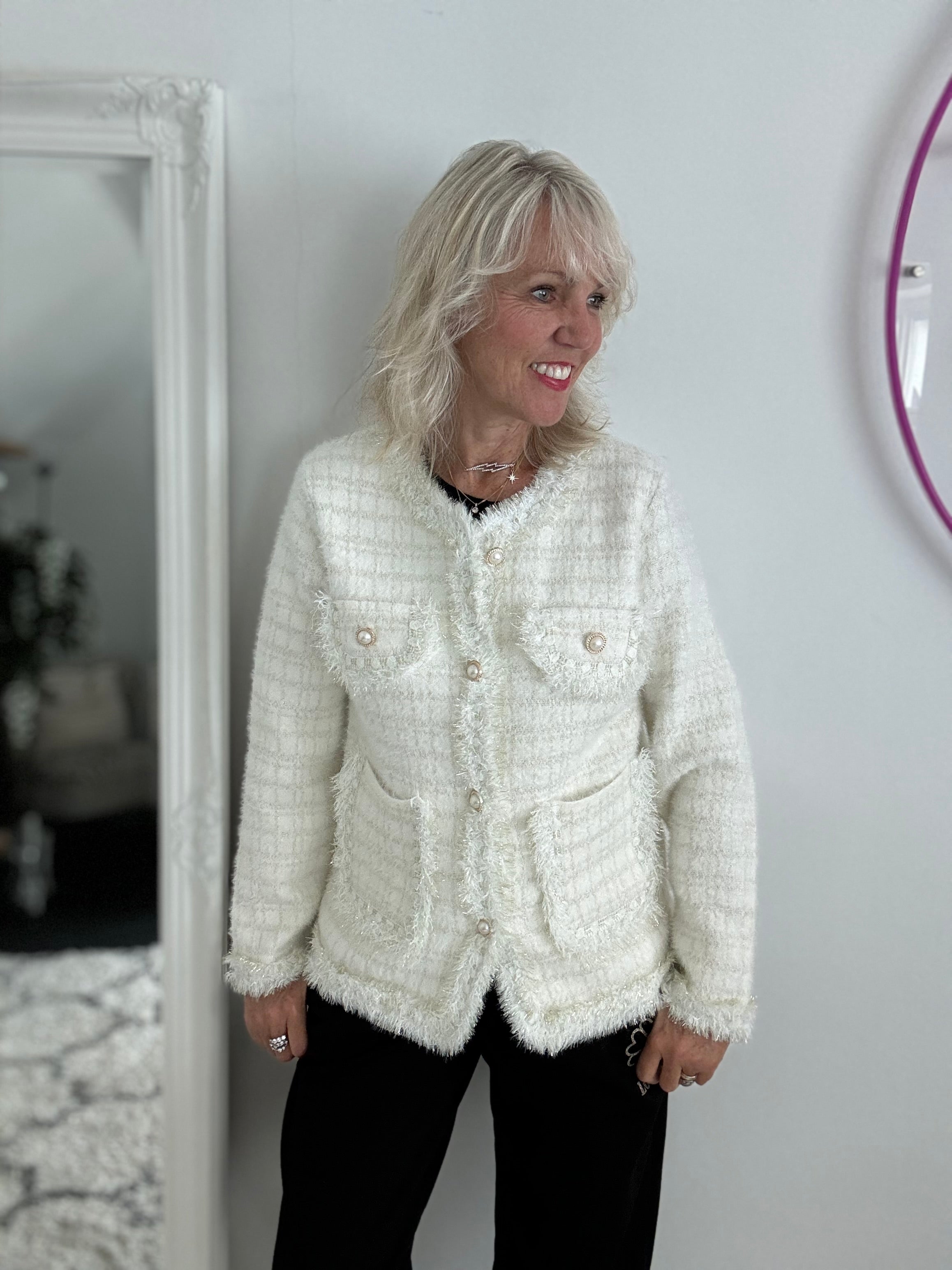 Pearl Button & Tweed Cardi Jacket in Ivory