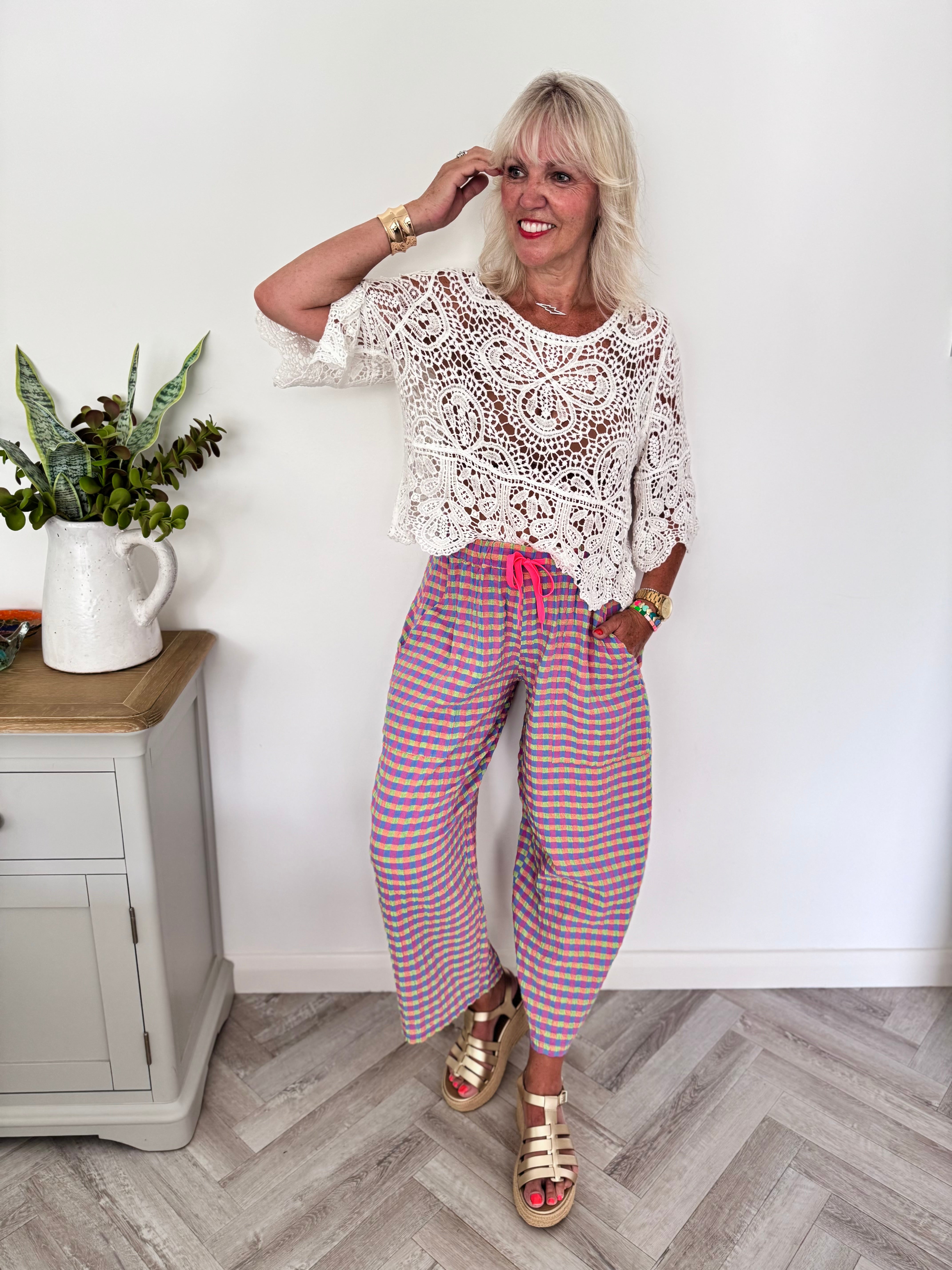 Barrel Check Trousers in Pink & Lime