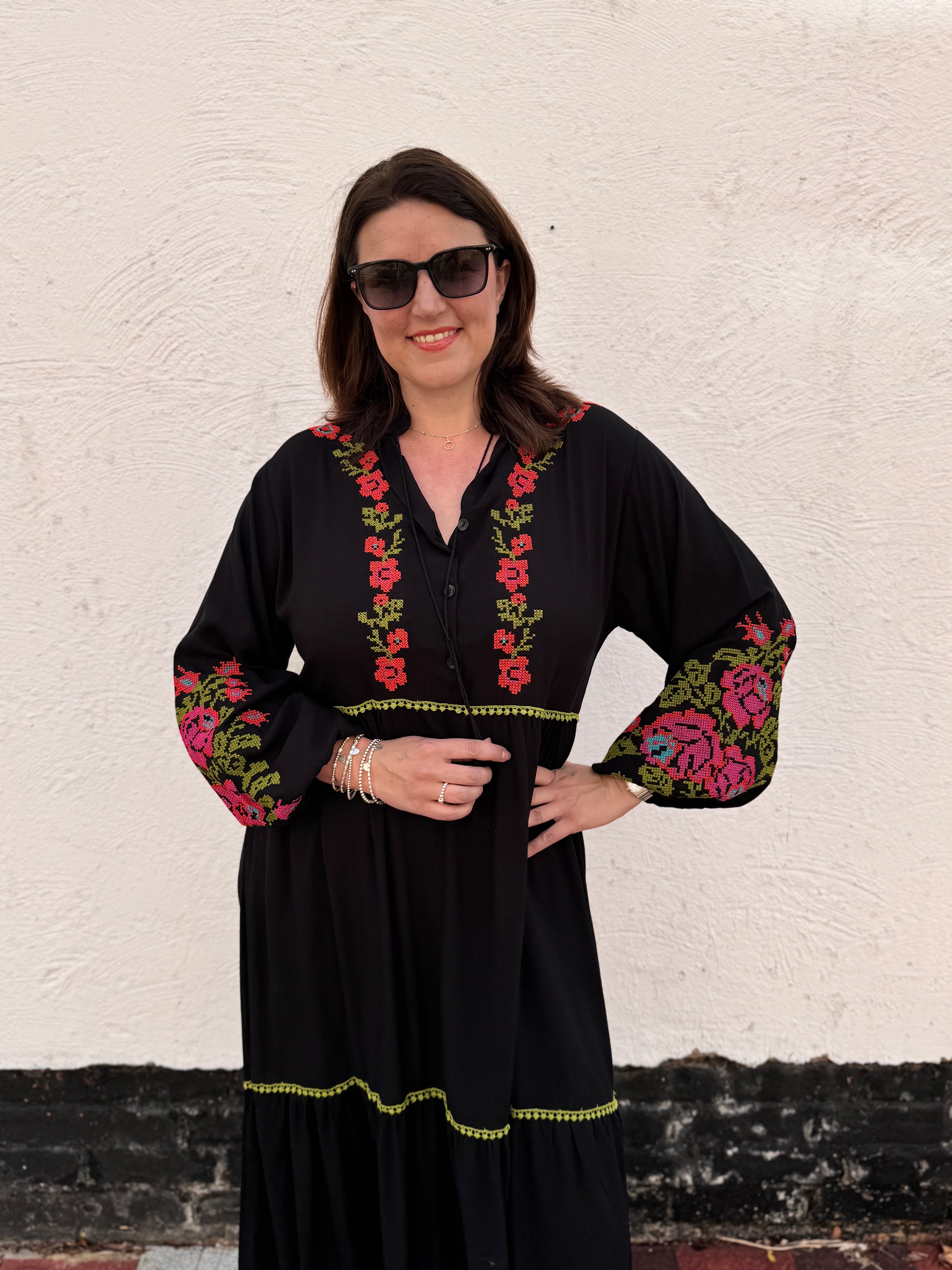 Embroidered Buttoned Midi Dress in Black | The Meek Boutique Embroidered Buttoned Midi Dress in Black | The Meek Boutique