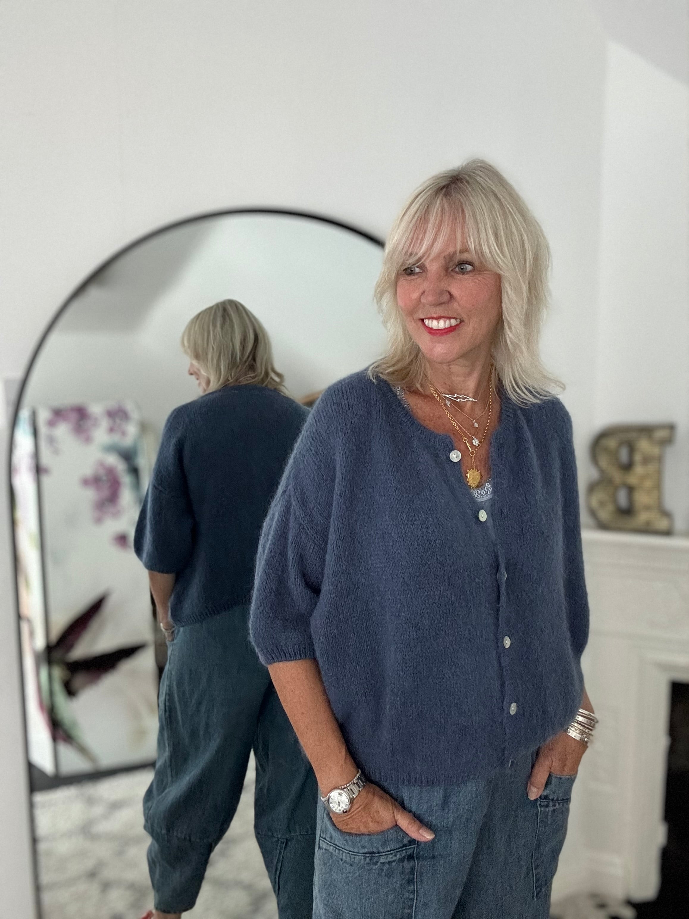 Cropped Sleeve Buttoned Cardi in Soft Denim