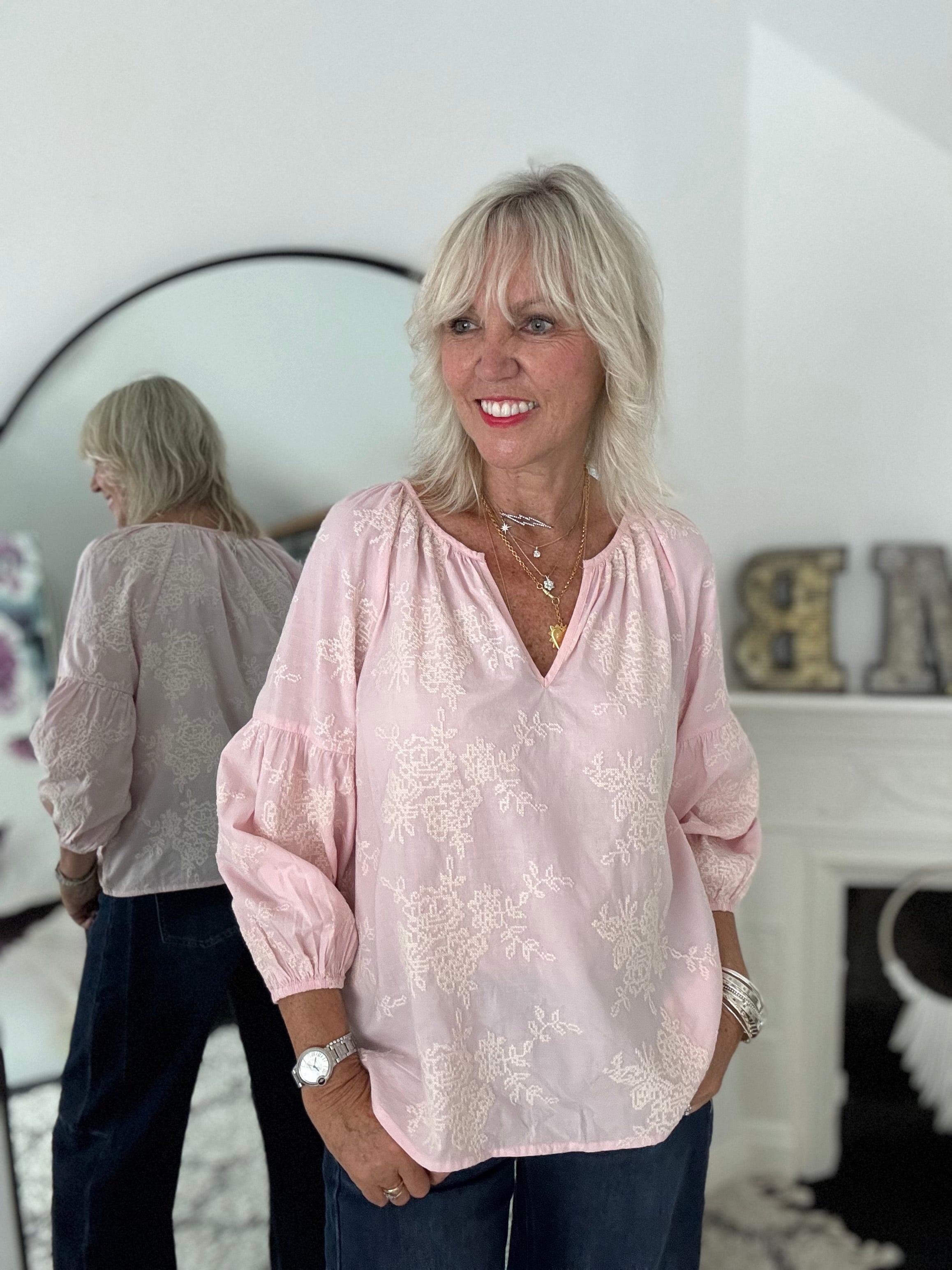 Luxe Embroidered Blouse in Pink