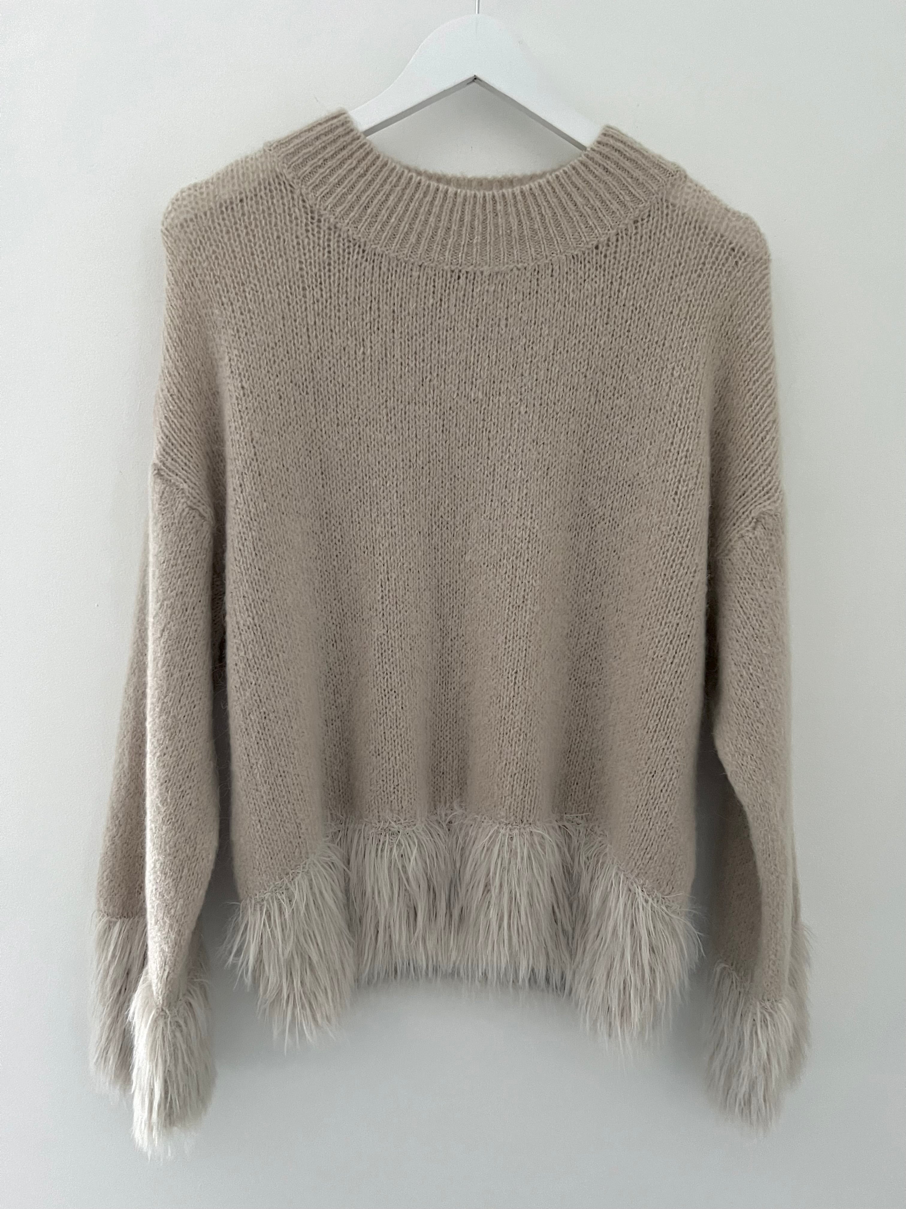 Luxe Fringe Round Neck Sweater in Stone