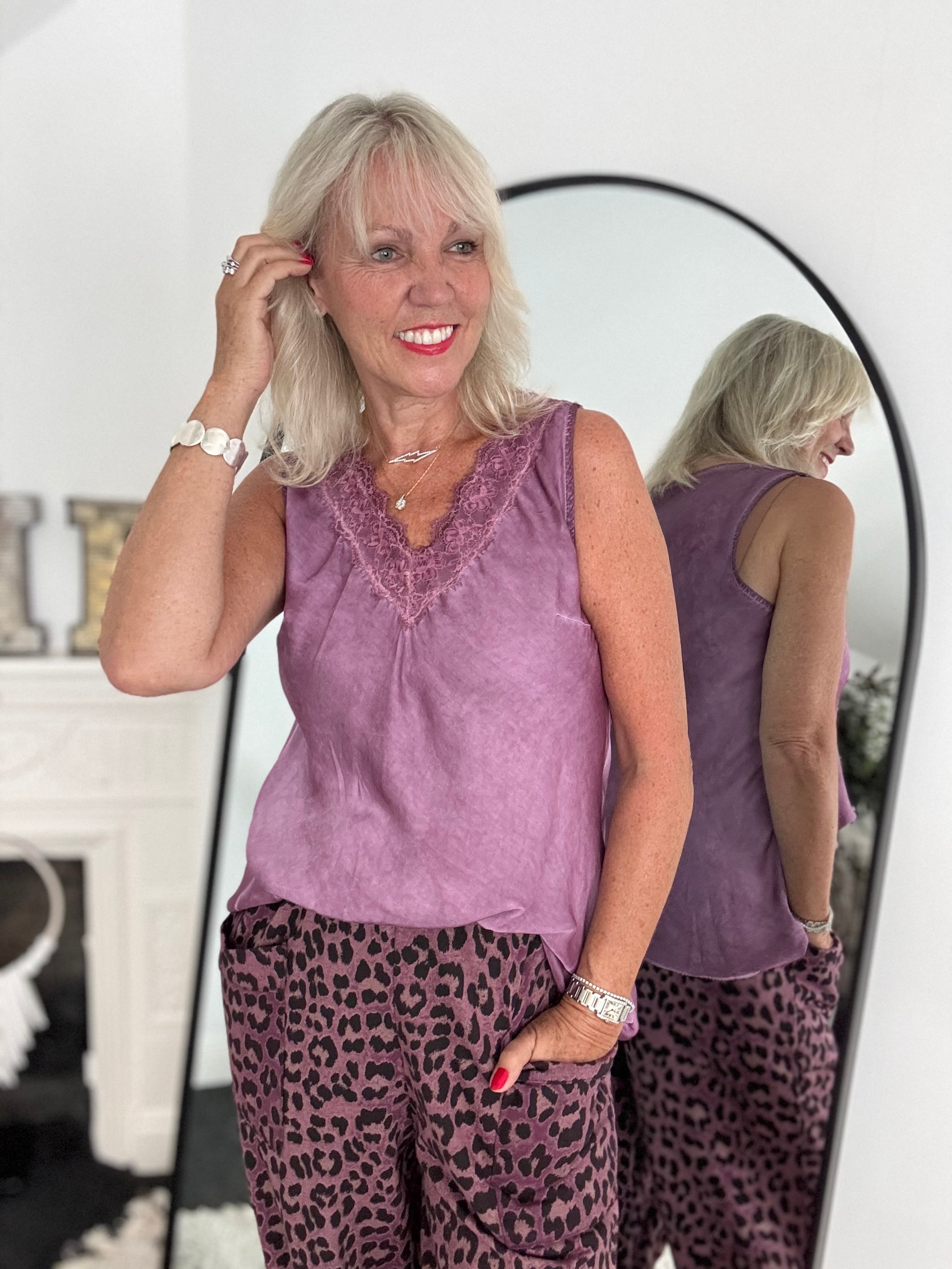 Lace Trim Silk Top in Soft Plum