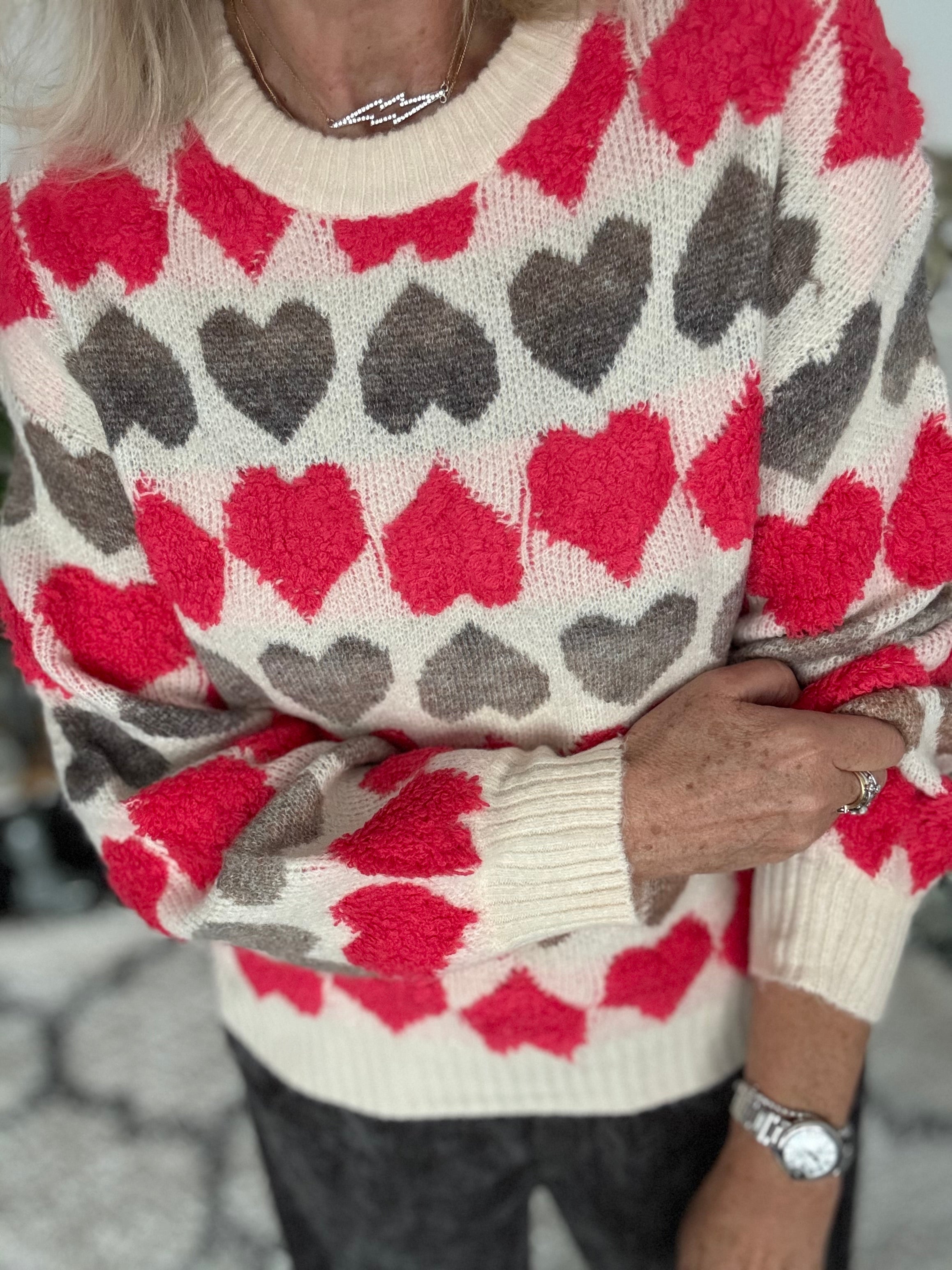 Hearts Sweater in Coral Red & Mocha