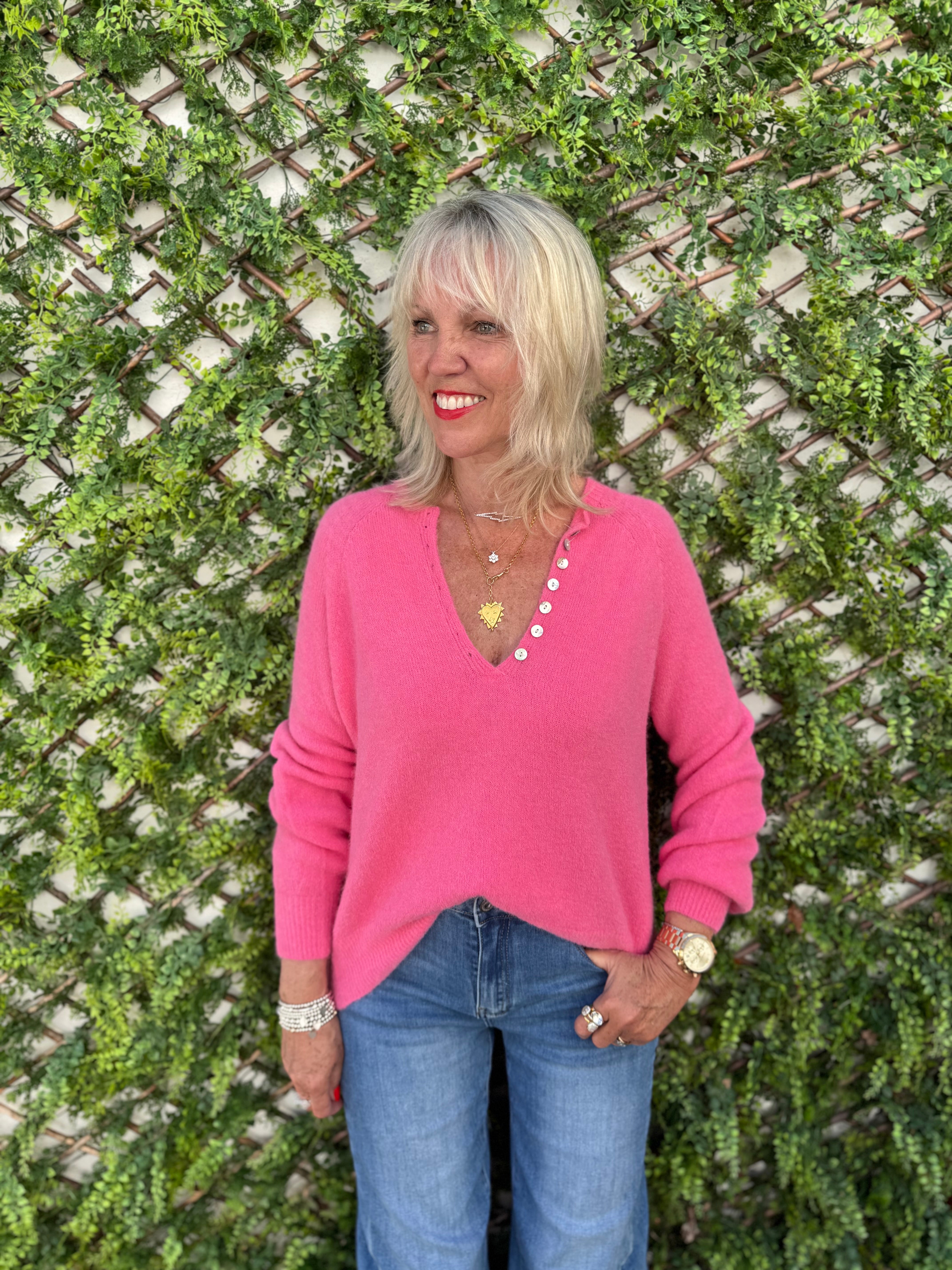 Softie Jumper with Button Neck in Candy Pink
