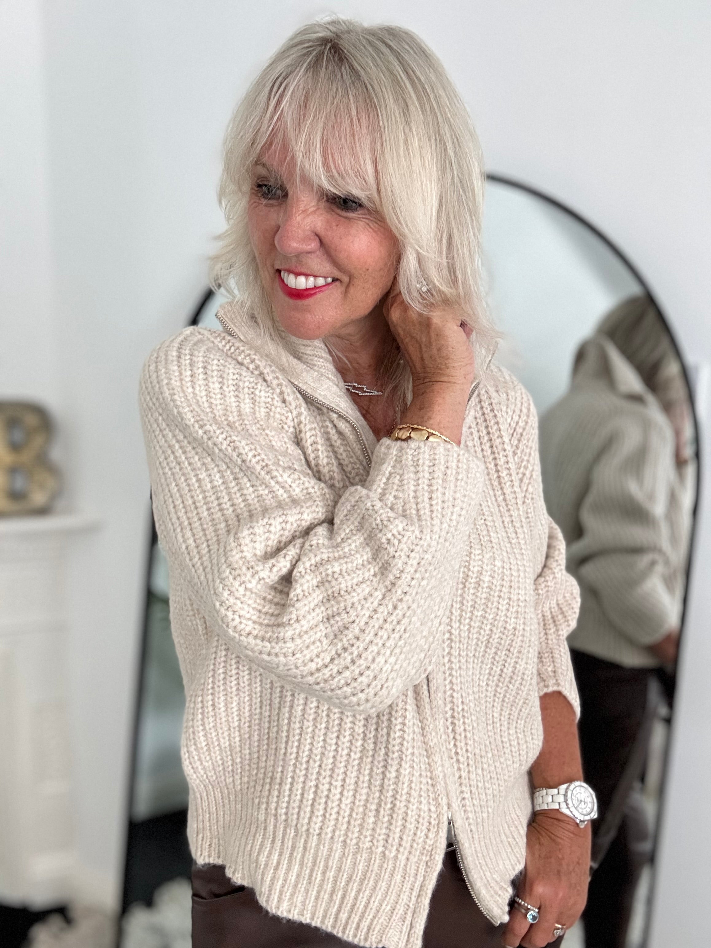 Ribbed Zipped Cardi in Stone