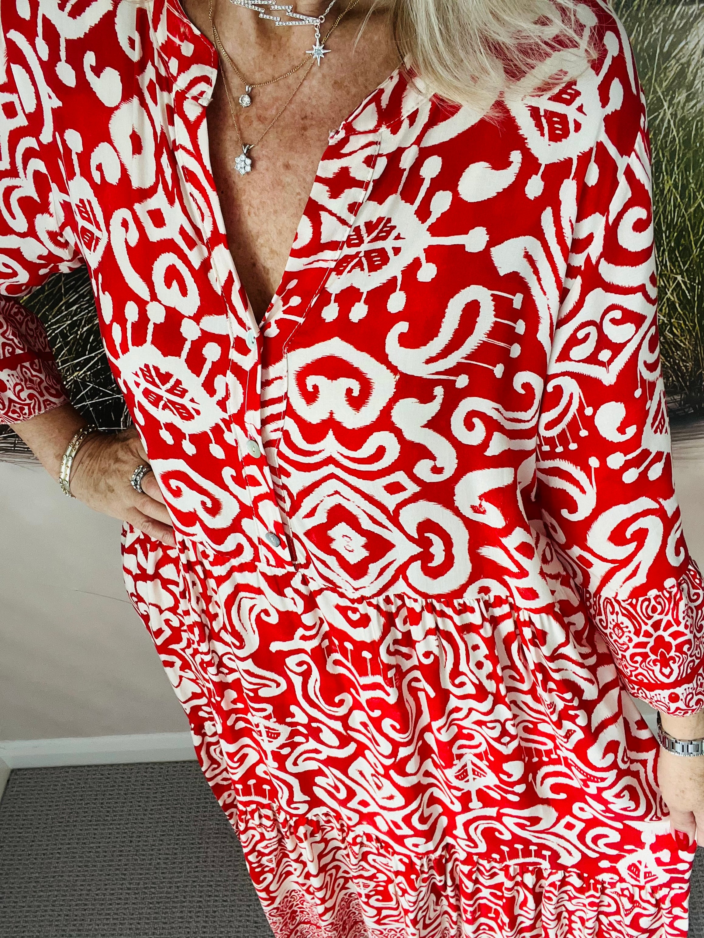 Batik Print Dress in Red