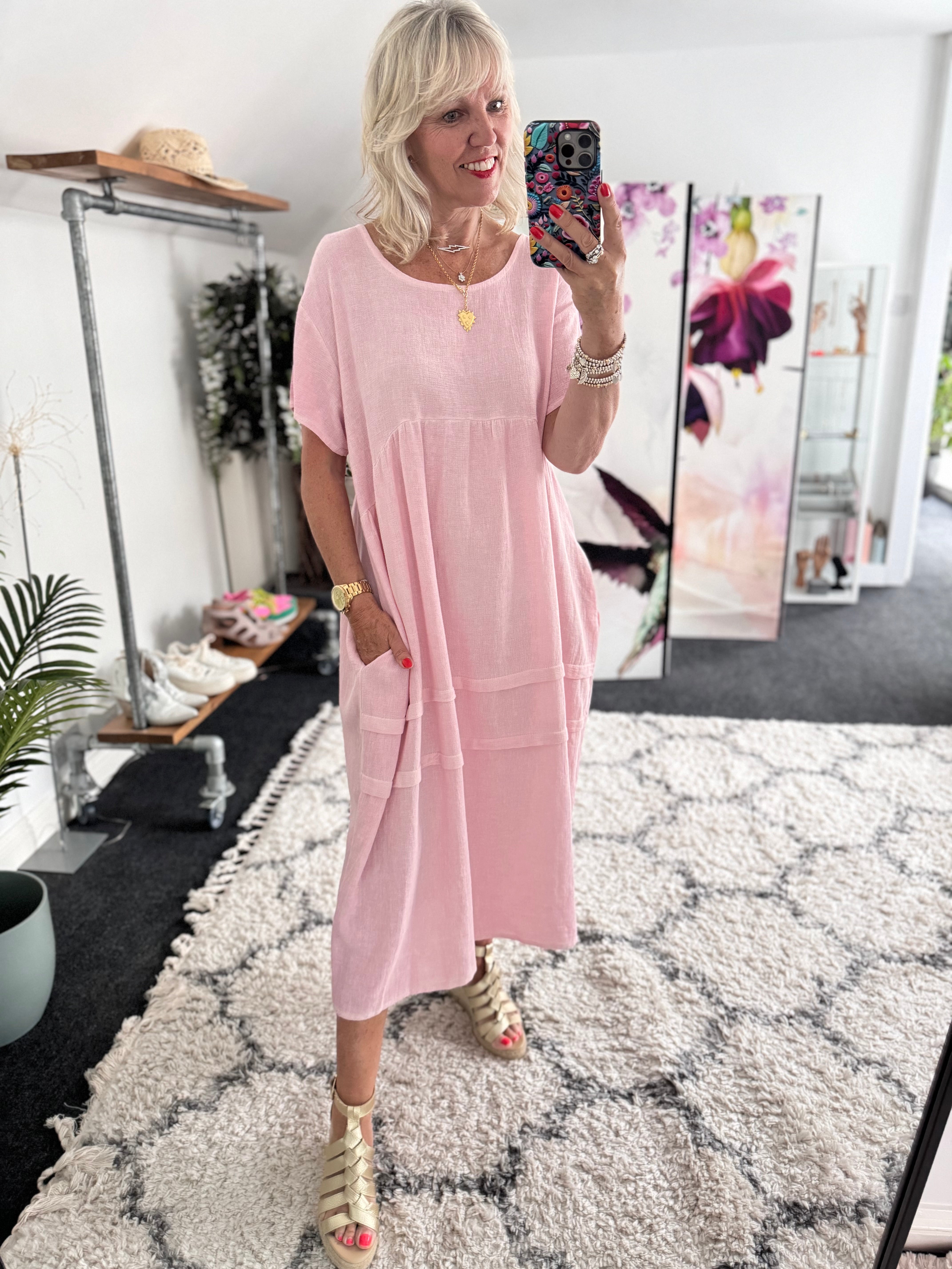 Cotton & Linen Cocoon Dress in Baby Pink