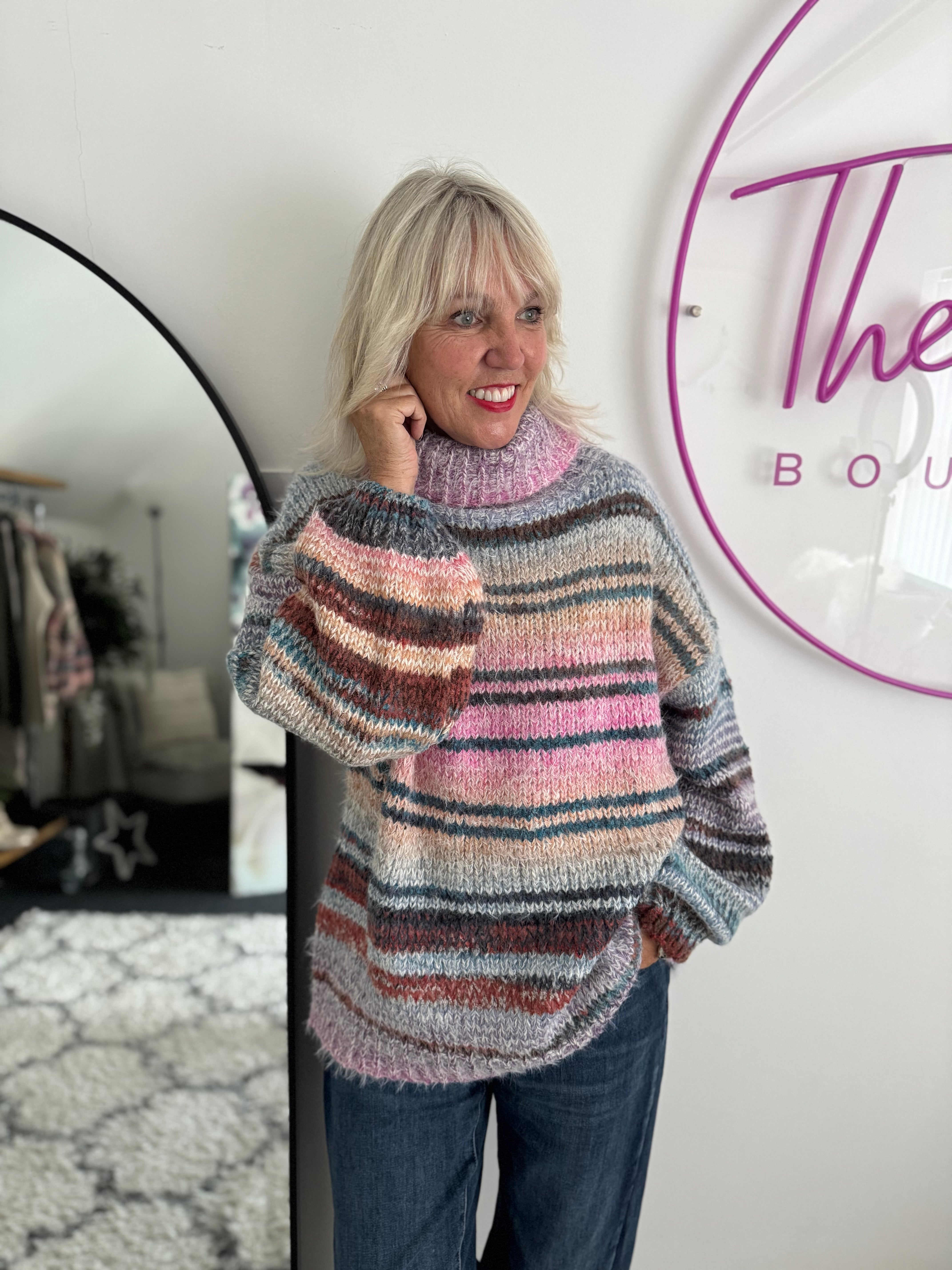 Oversized Stripe Roll Neck Jumper in Pink & Teal