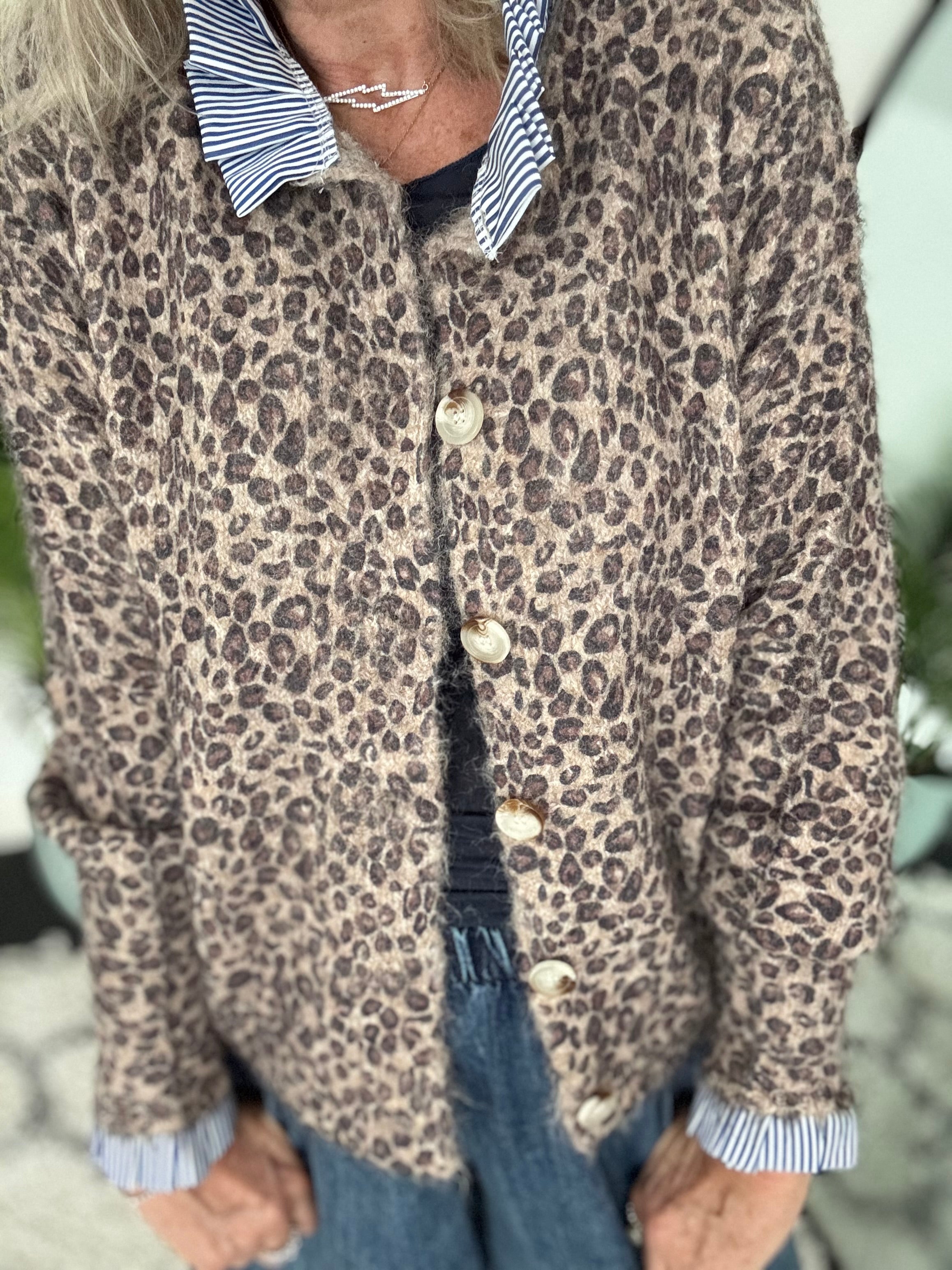 Leopard Cardi with Stripe Collar & Cuffs