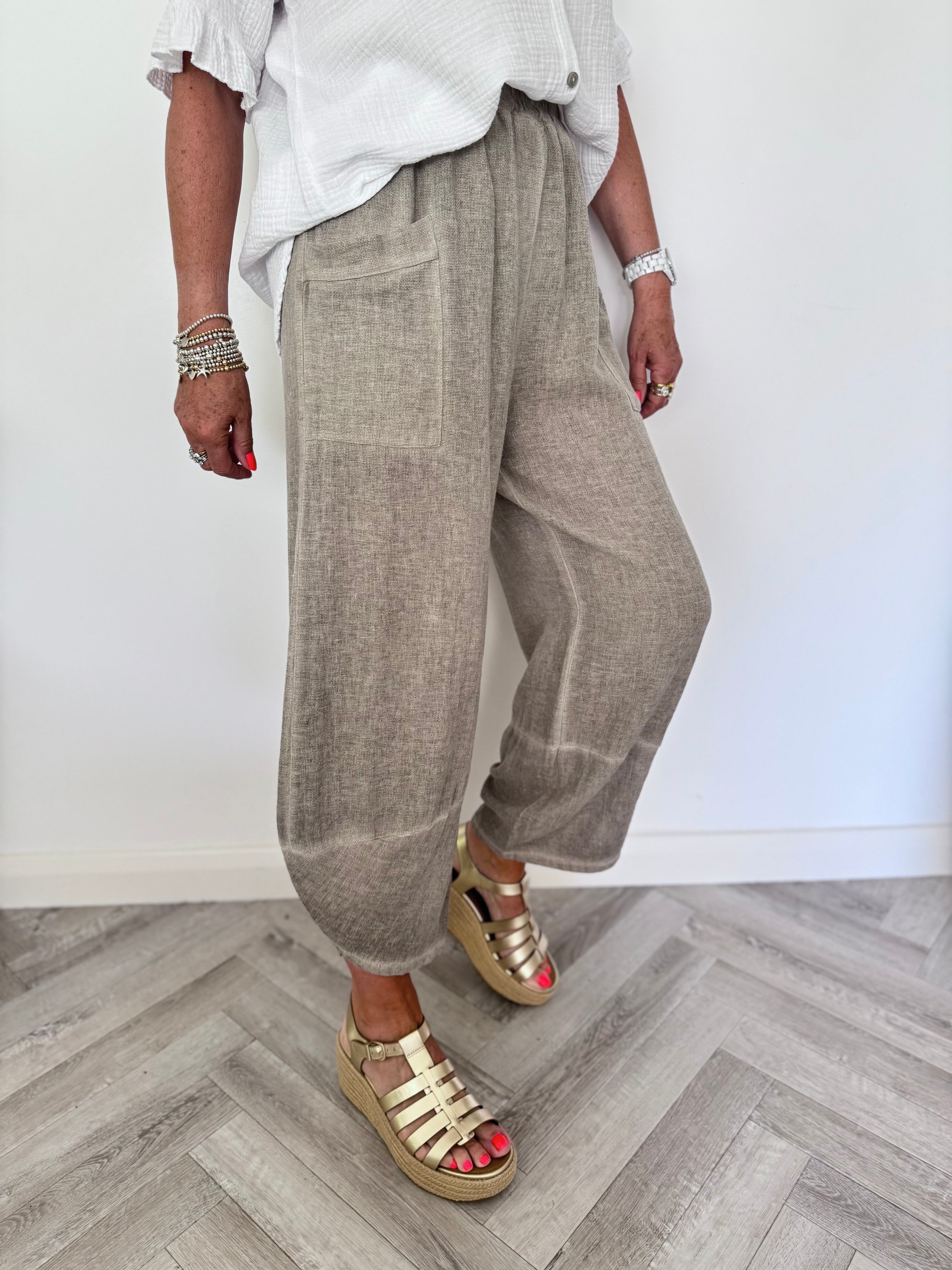 Linen & Cotton Barrel Trousers in Mocha