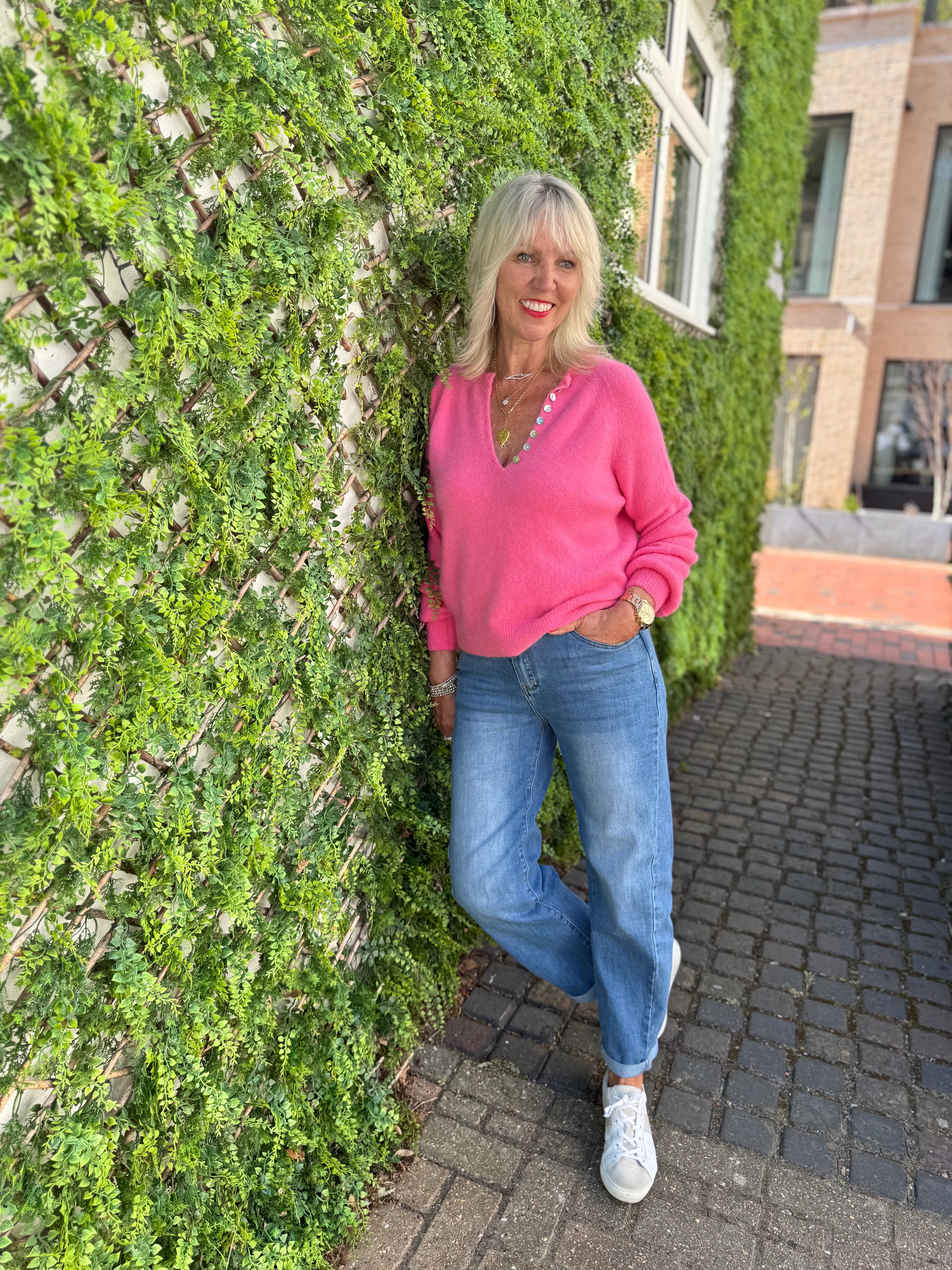 Softie Jumper with Button Neck in Candy Pink