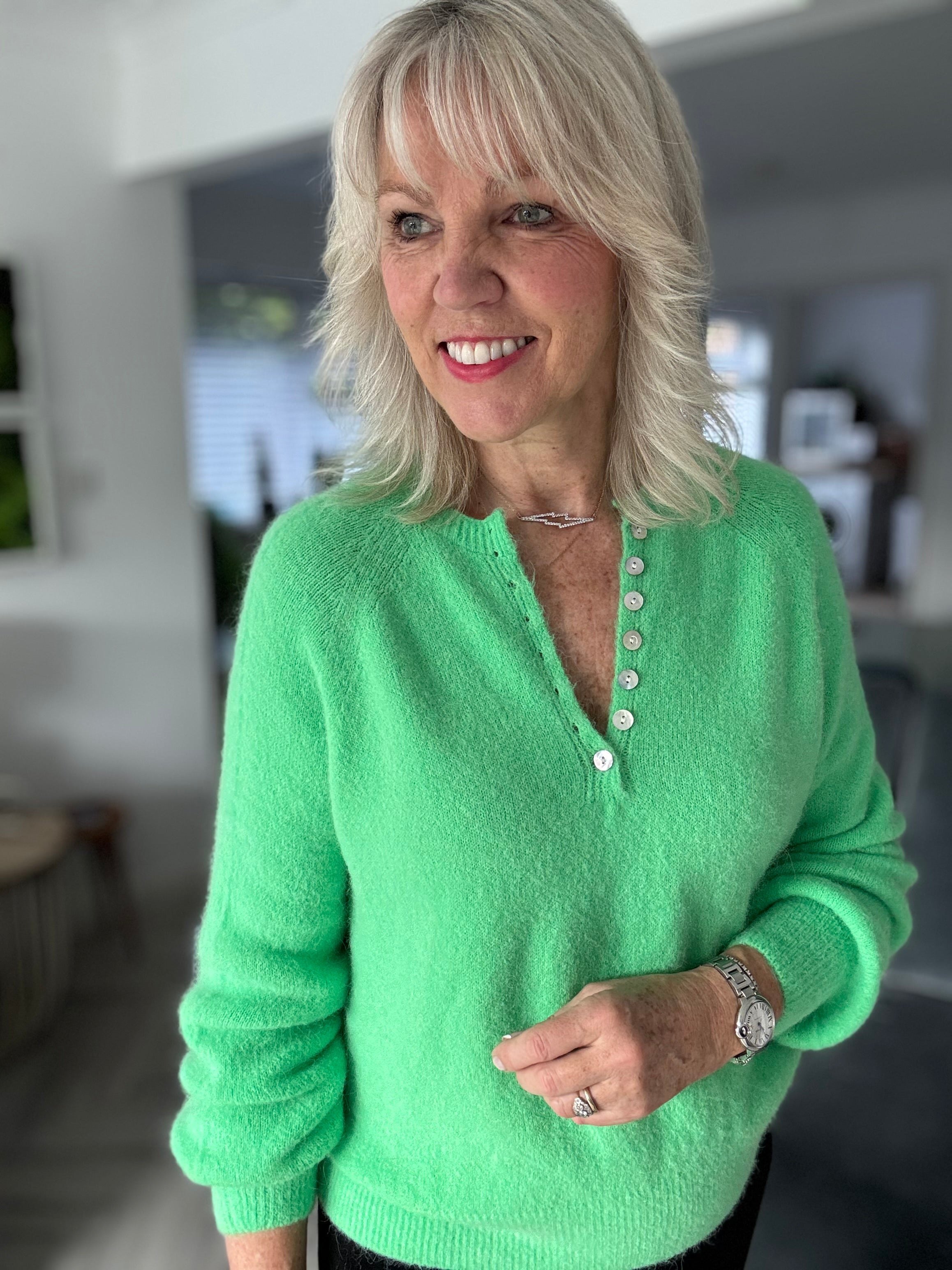 Softie Jumper with Button Neck in Bright Green
