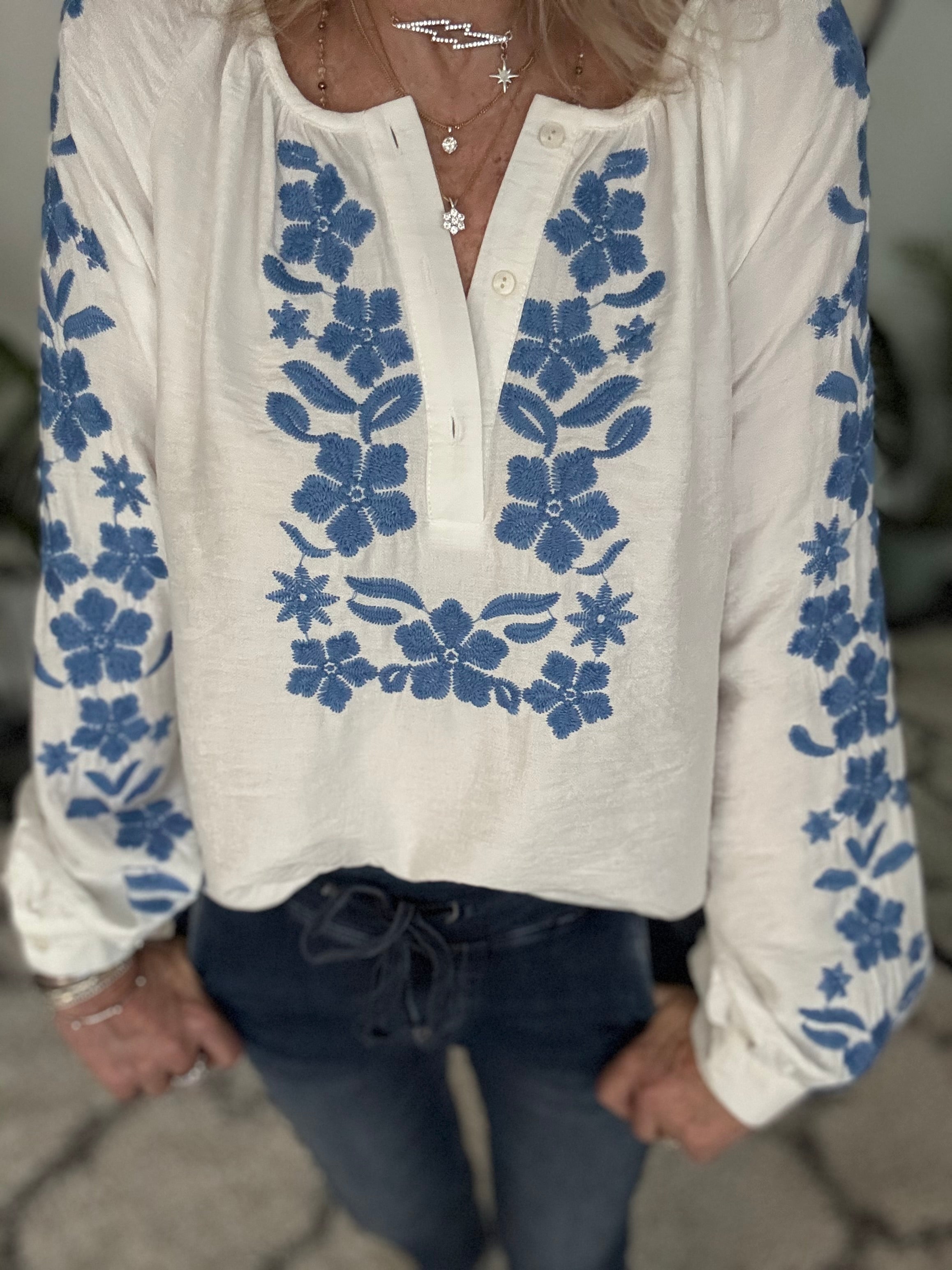 Embroidered Blouse in White & Blue