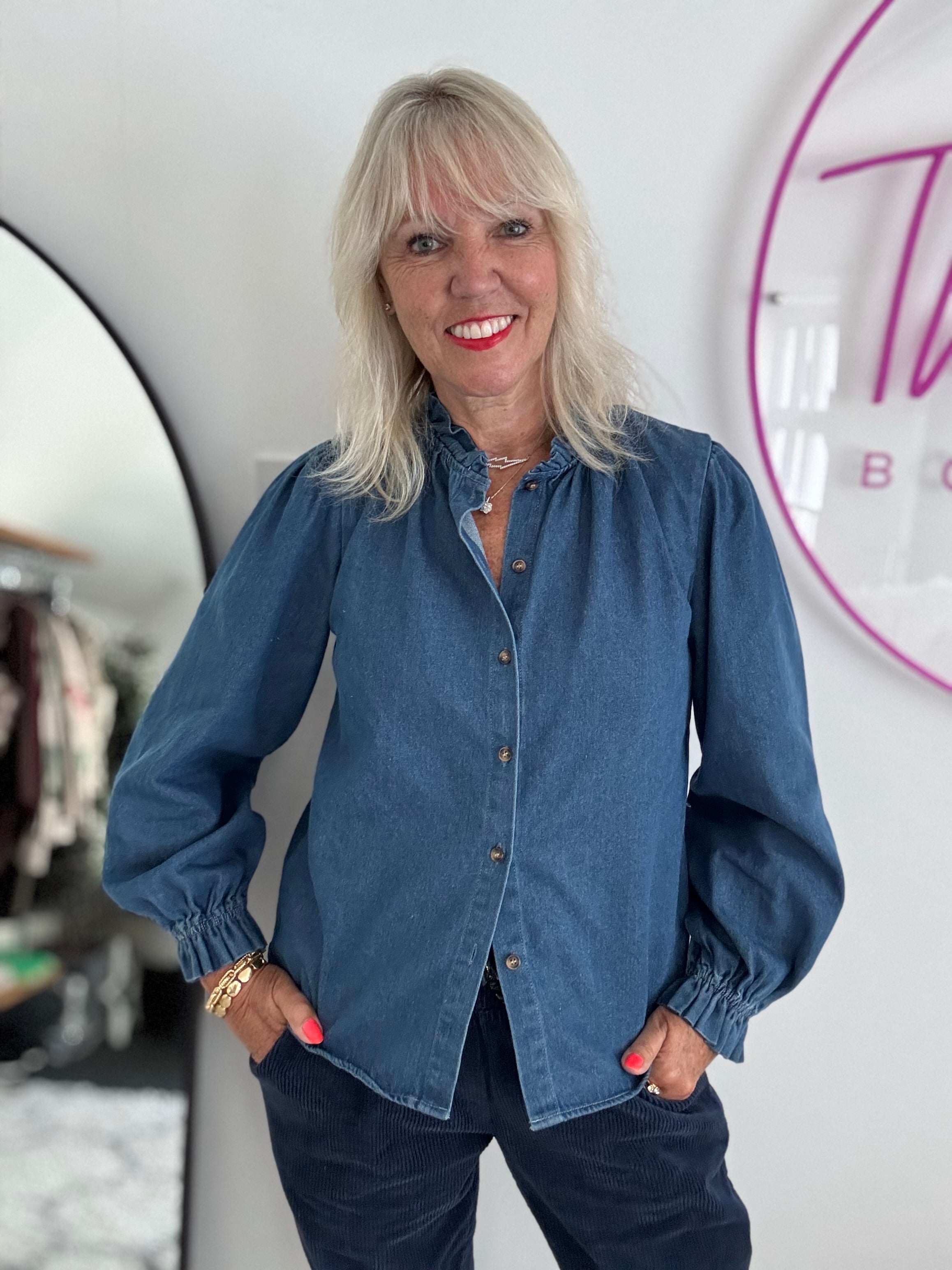 Soft Denim Shirt with Ruffle Collar & Cuffs