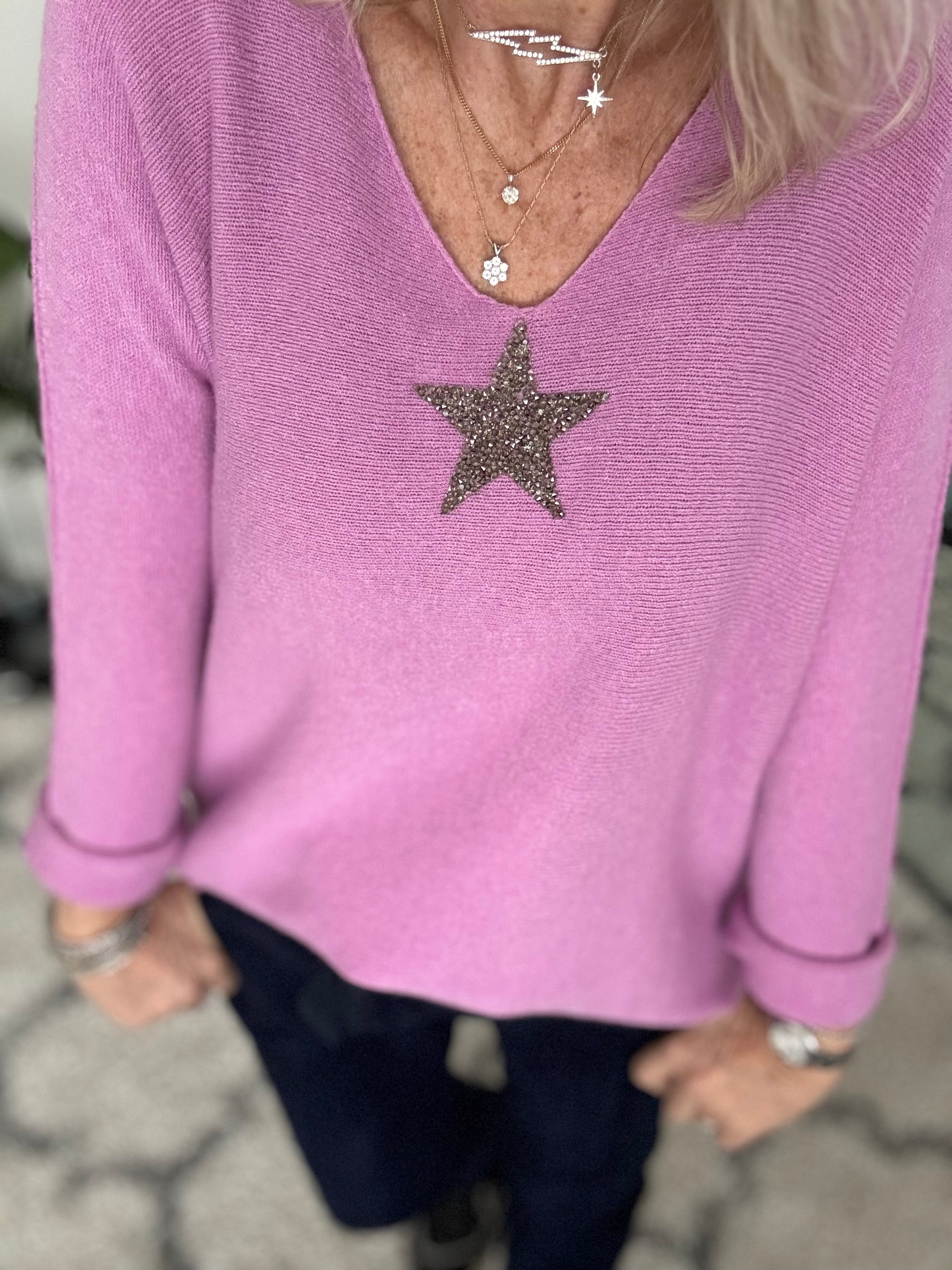 V Neck Glitter Star Jumper in Lilac