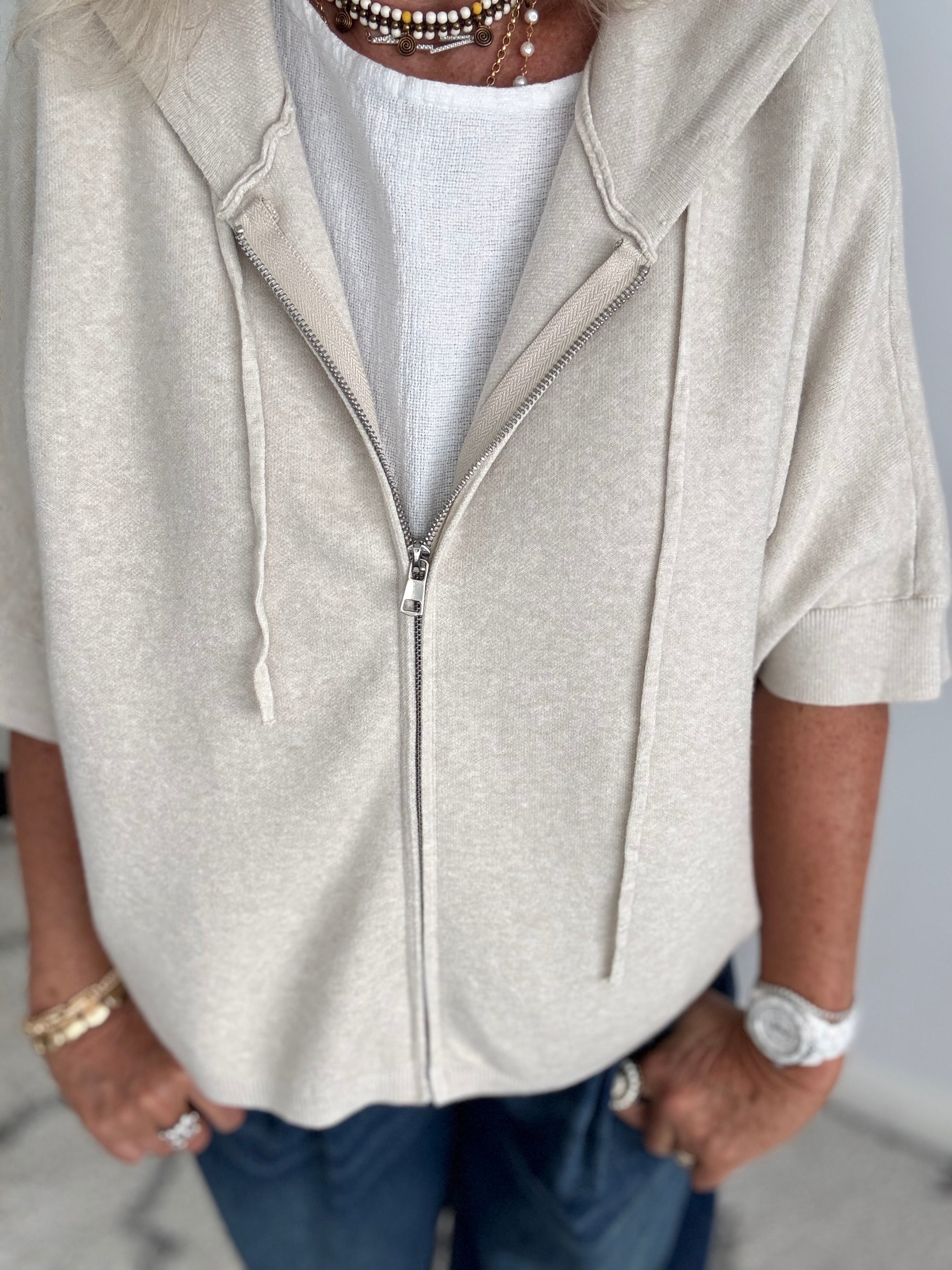 Soft Hooded Zipped Knit in Ecru