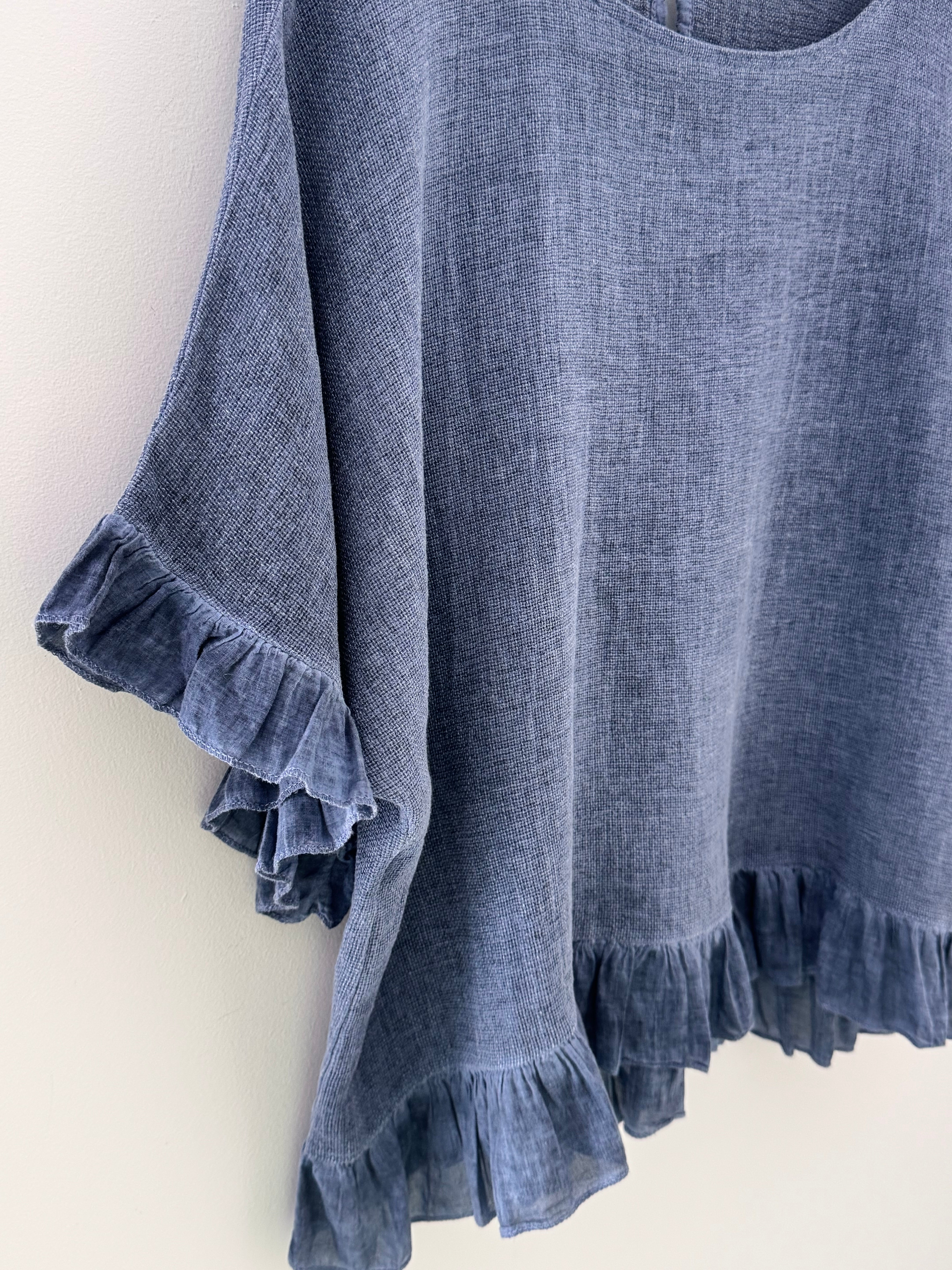 Linen & Cotton Ruffle Edge Top in Denim Blue