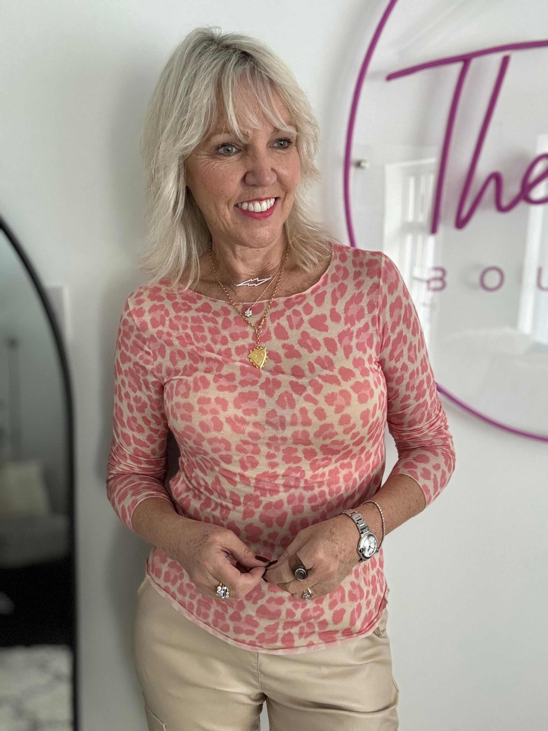 Ultrasoft Cashmere Blend Base Layer in Coral Pink Leopard