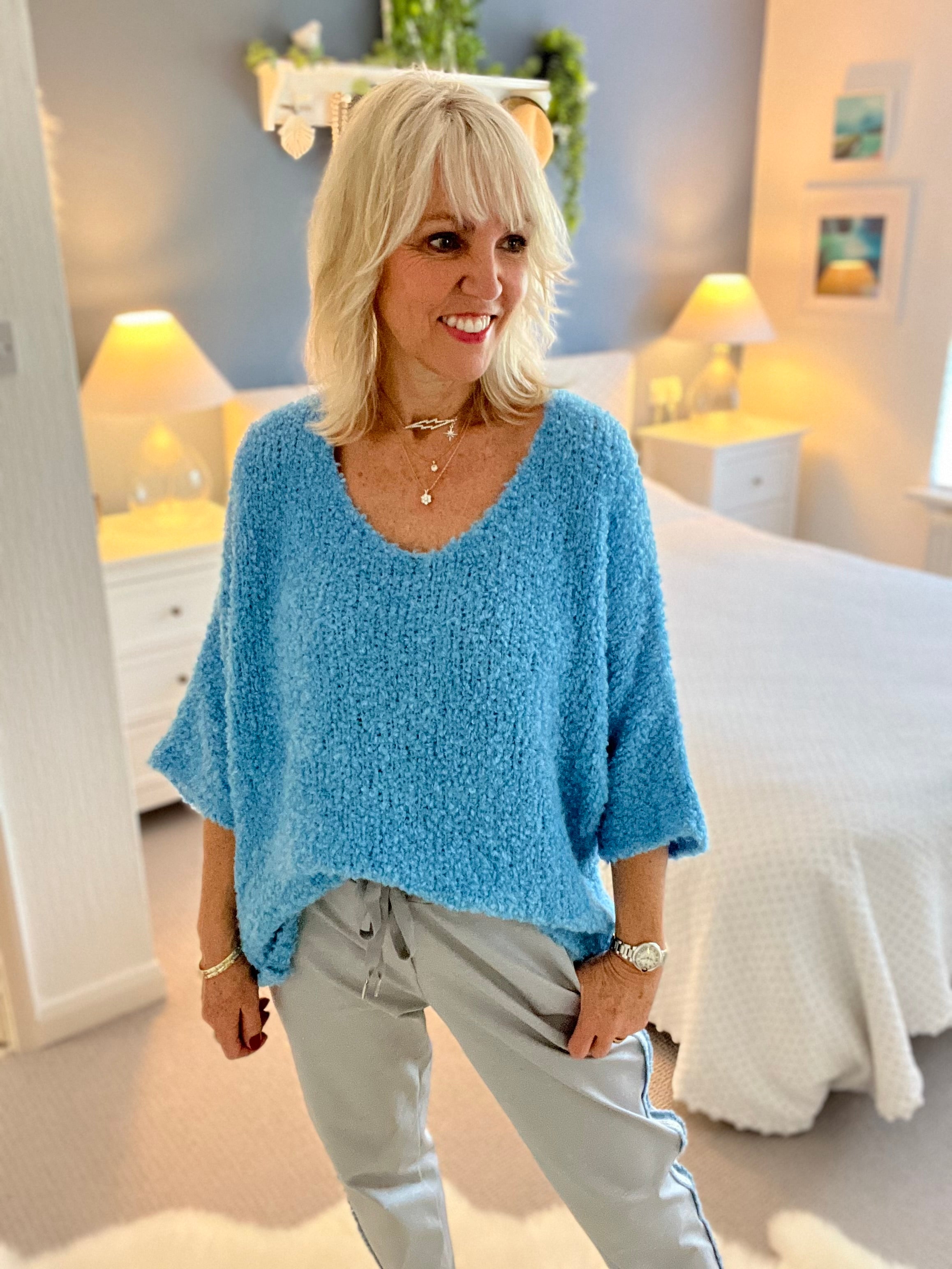 Cropped Sleeve Boucle Knit in Blue
