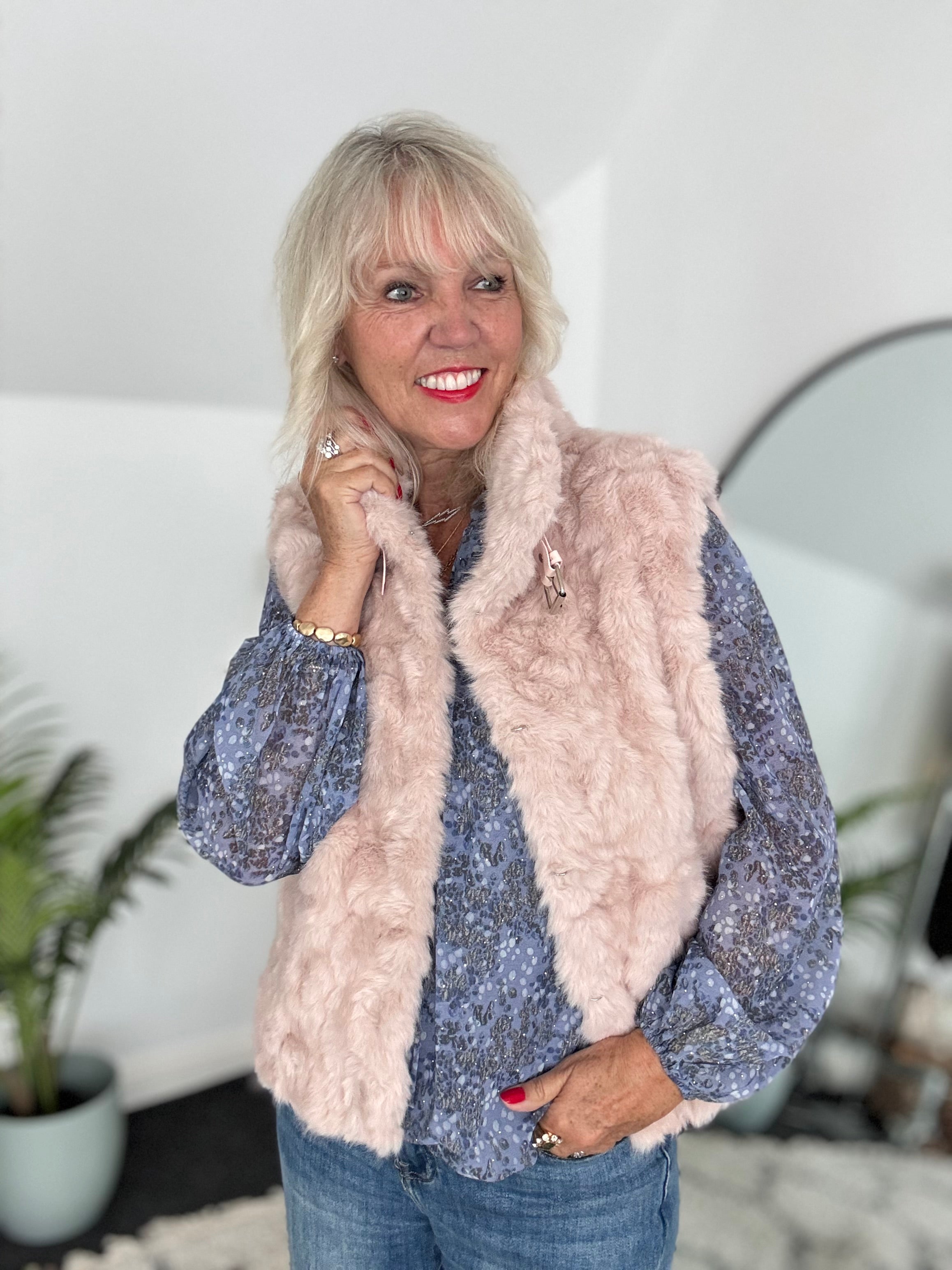Designer Faux Fur Gilet in Blush