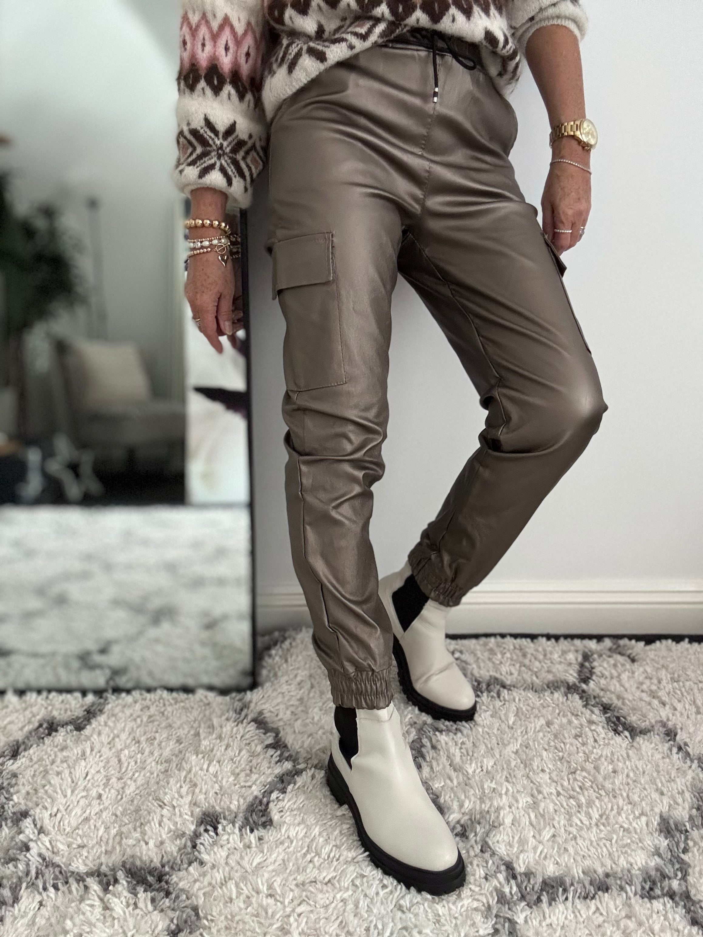 Leather Look Cargo Joggers in Pewter