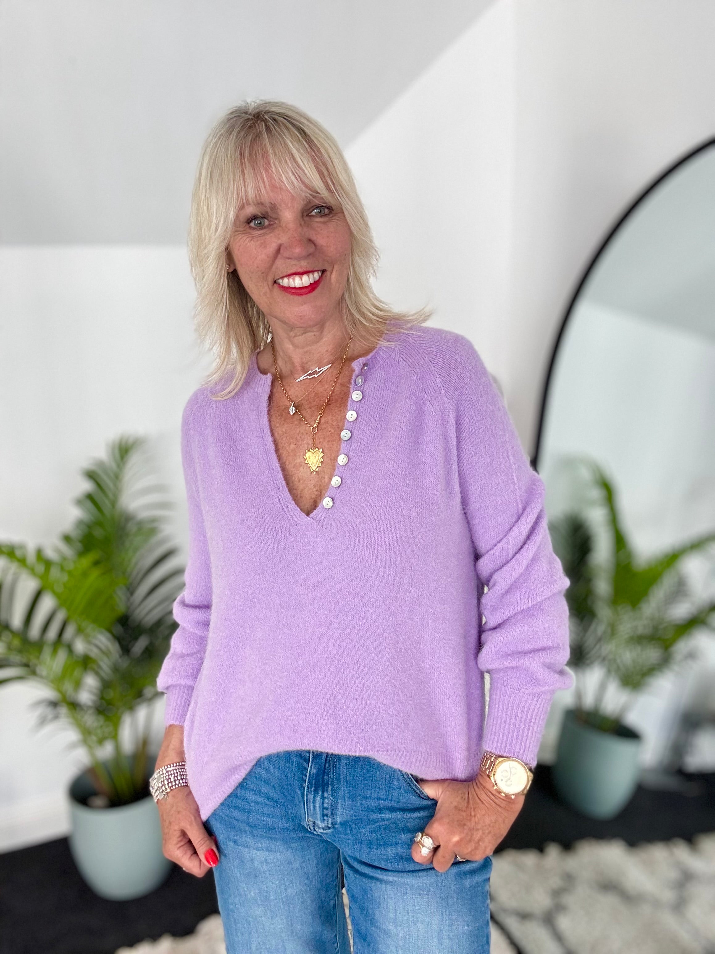 Softie Jumper with Button Neck in Lilac
