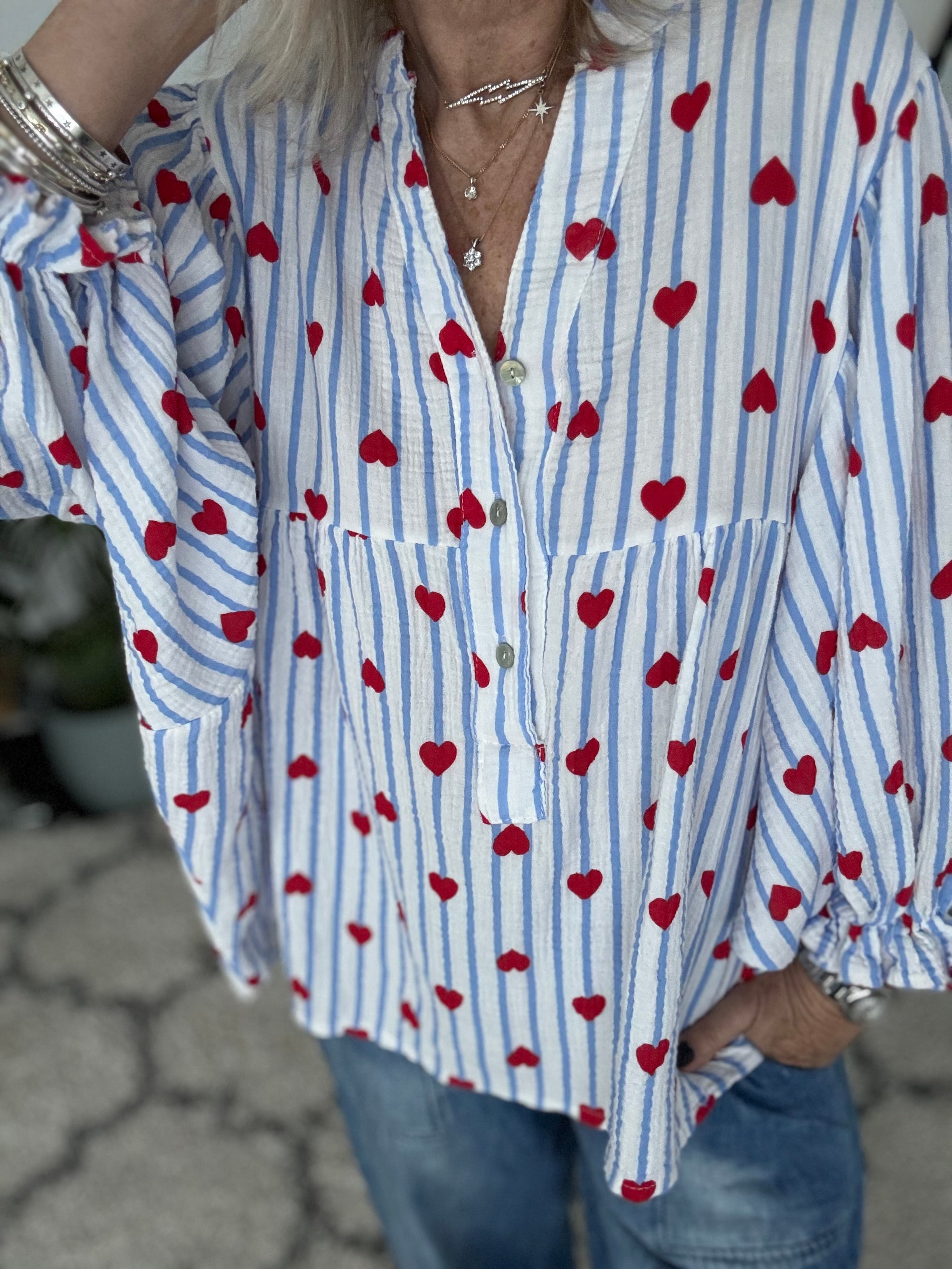 Oversized Cheesecloth Heart Blouse in Blue & Red