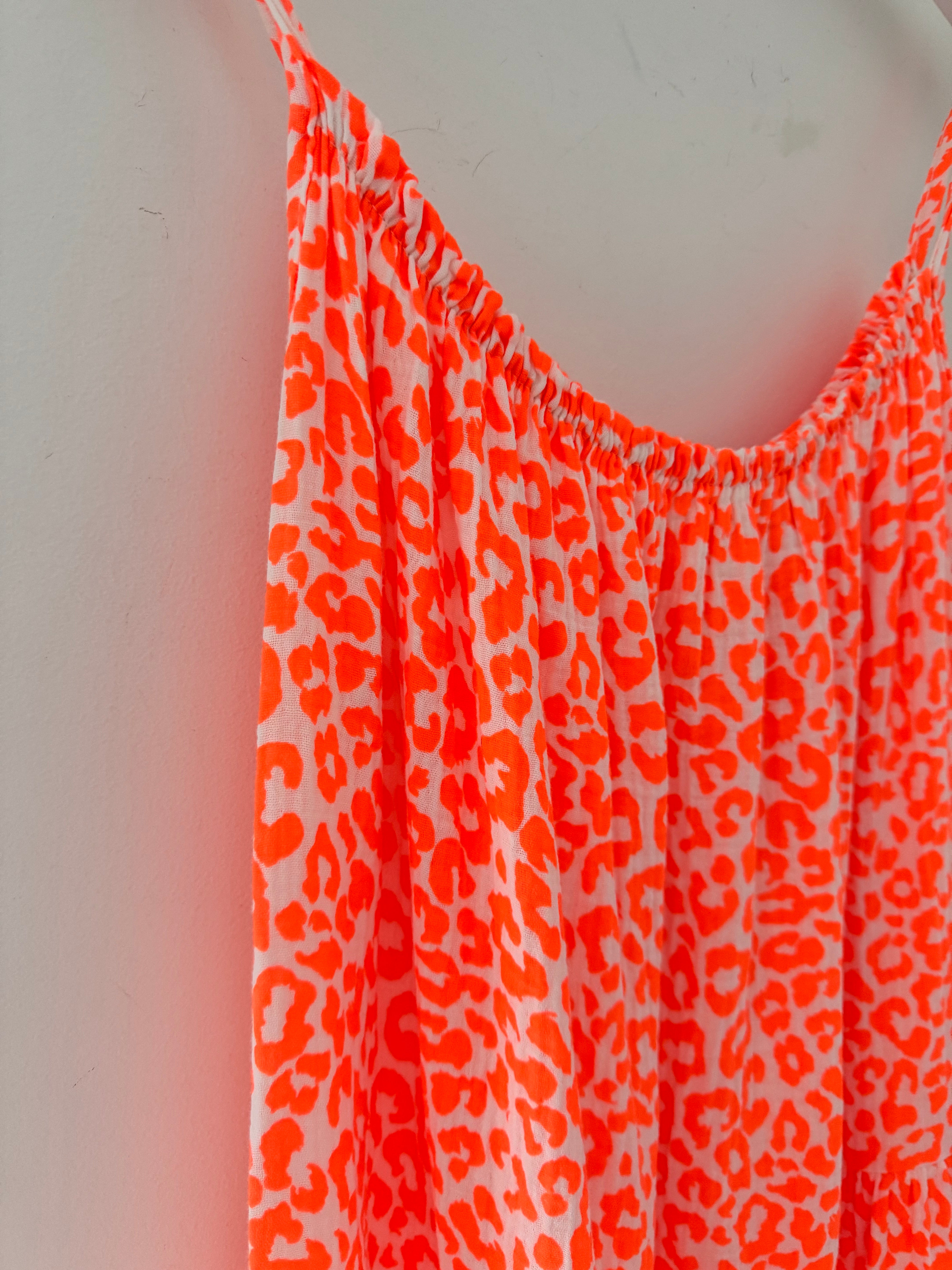 Leopard Cheesecloth Dress in Neon Orange