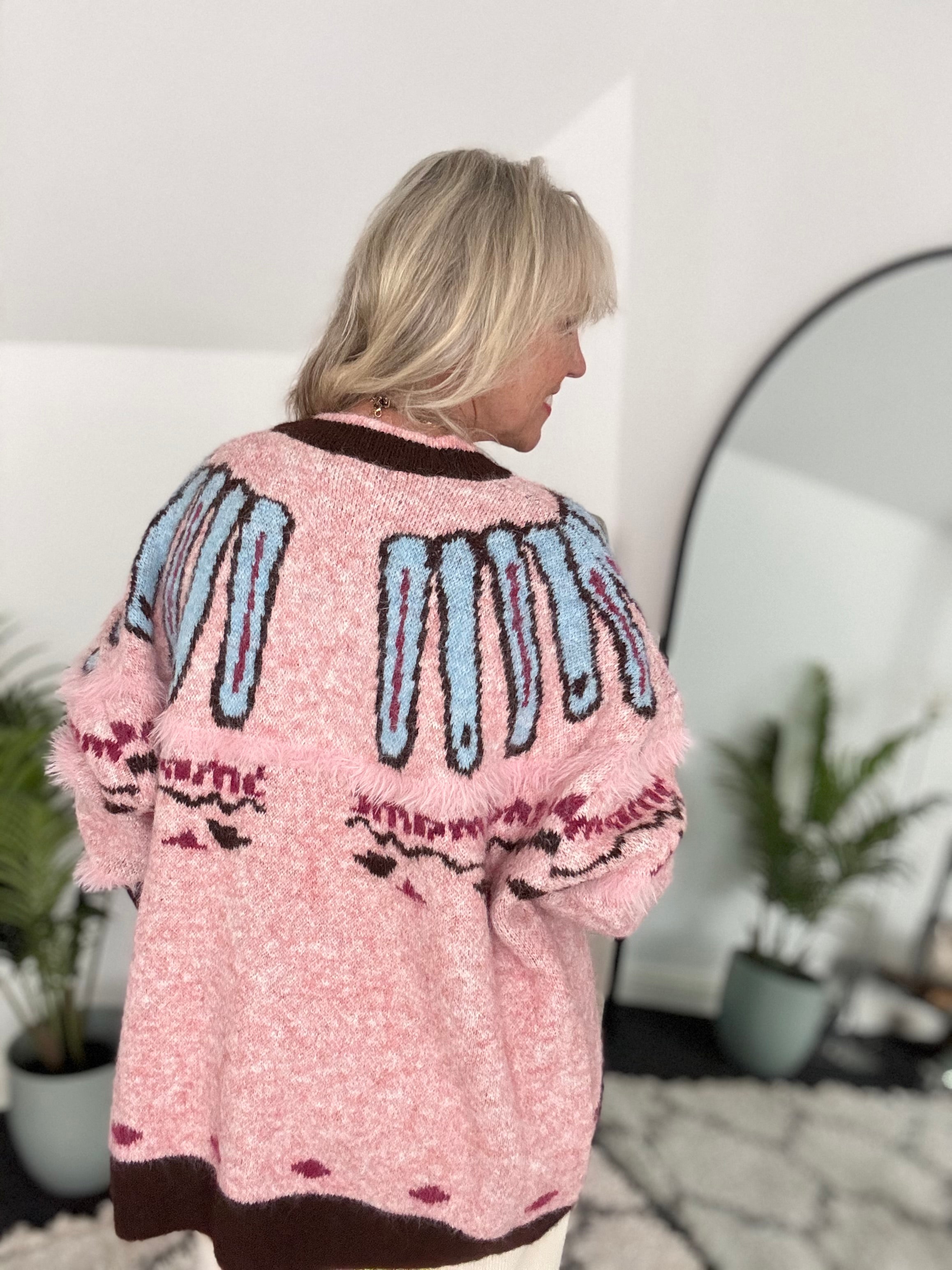 Oversized Designer Cardi in Pink & Chocolate