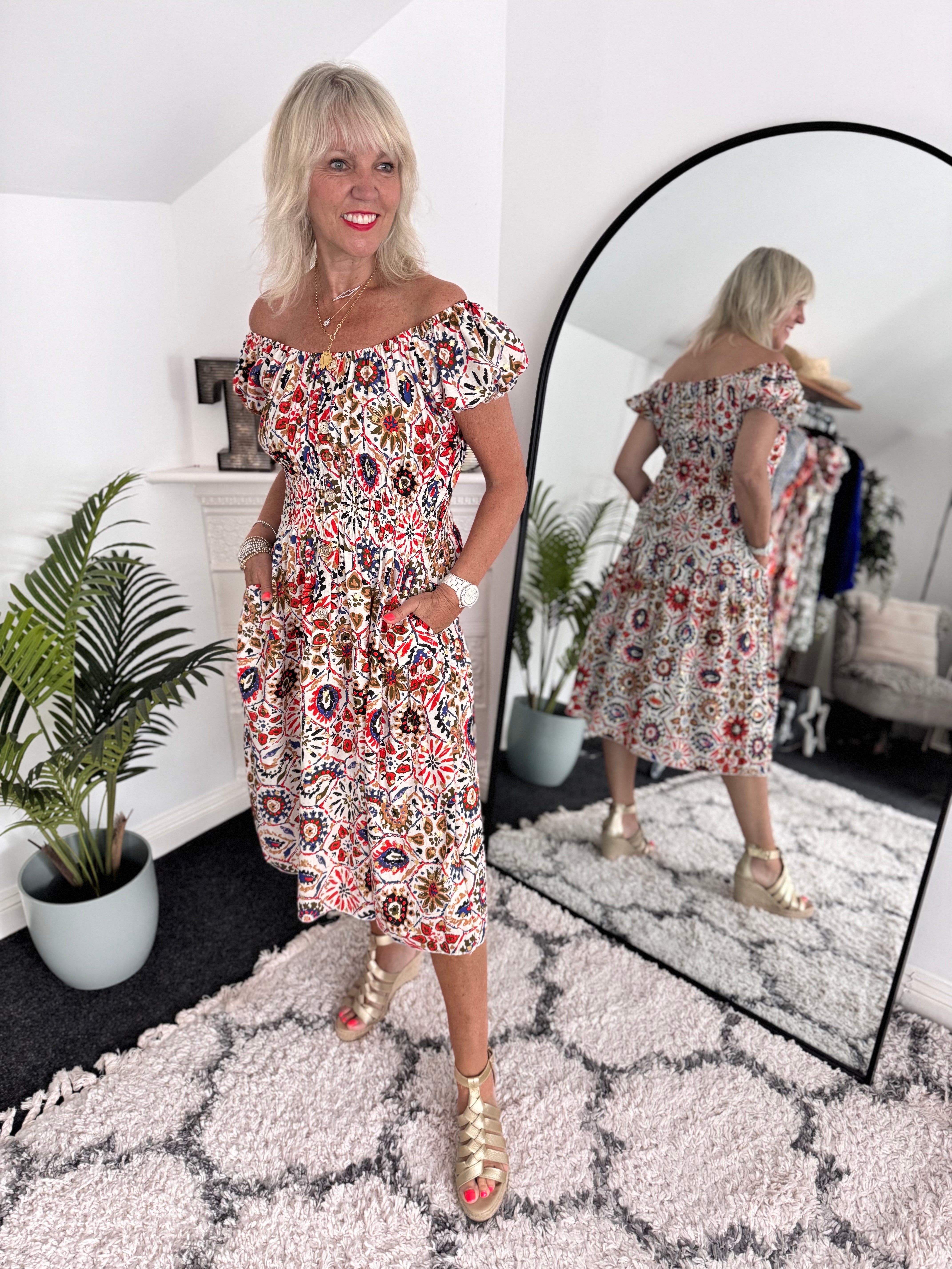 Bardot Dress in Red & Blue Print