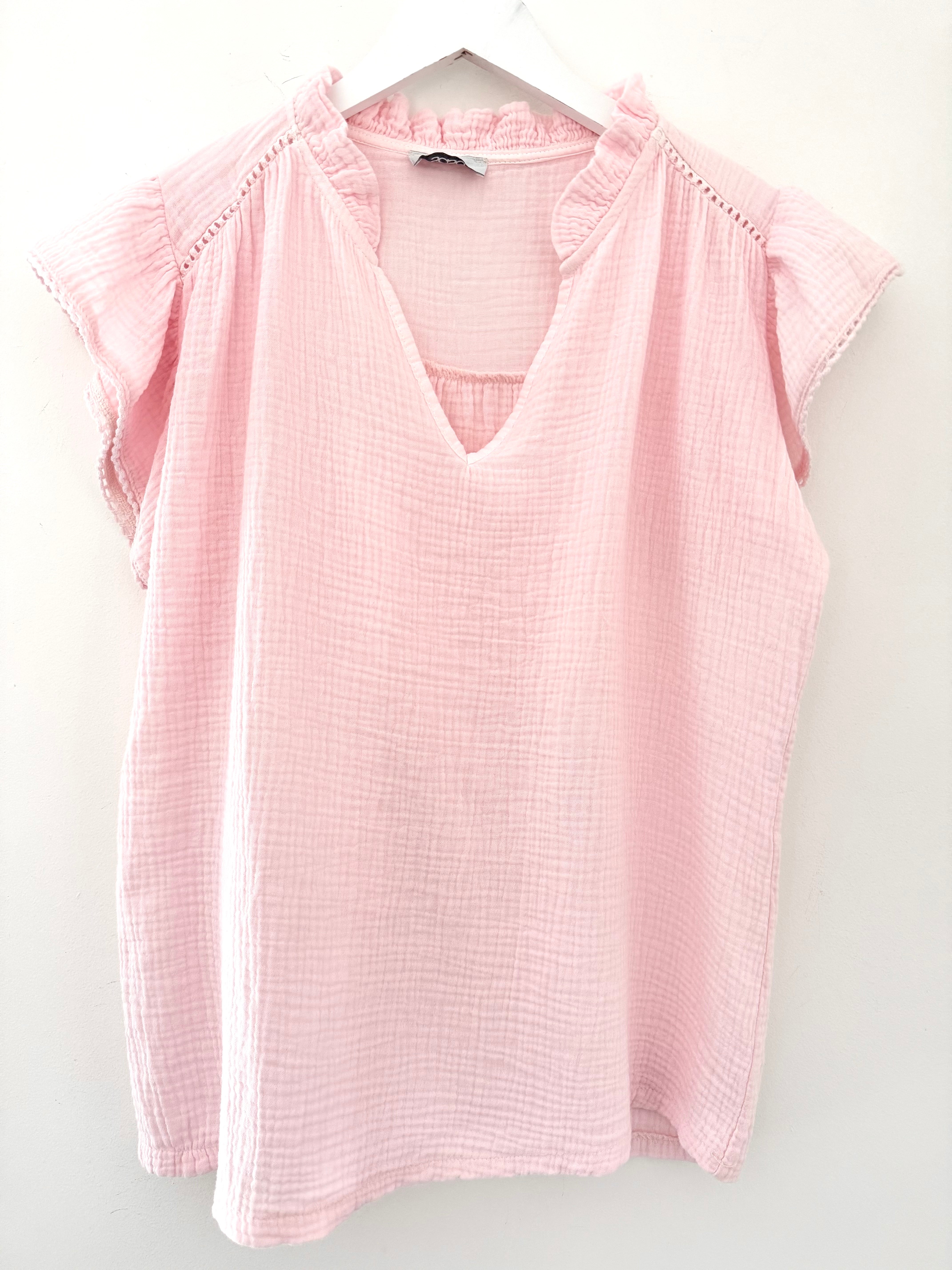 Cheesecloth Top with Ruffle Sleeves in Pink