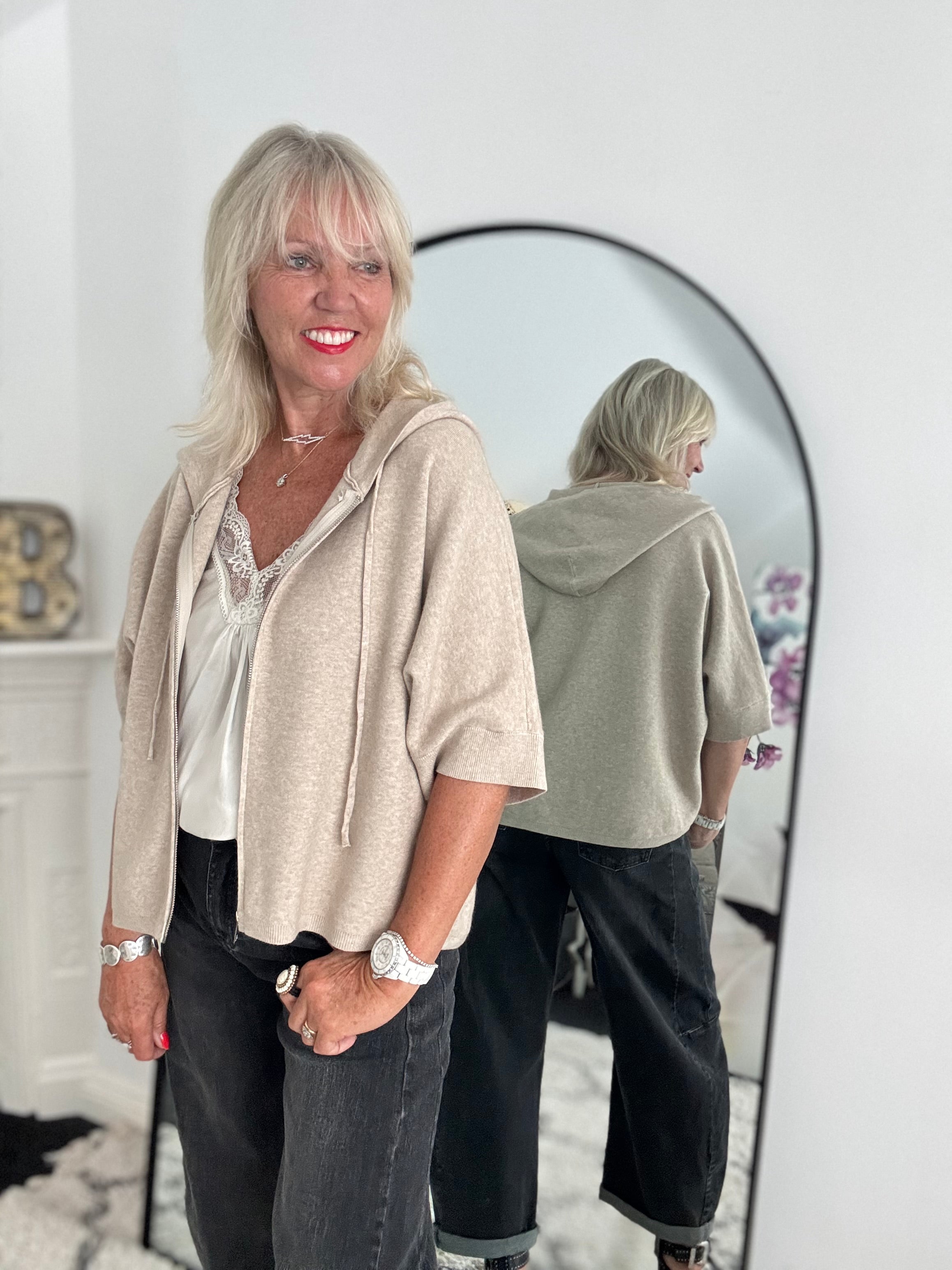 Soft Hooded Zipped Knit in Stone