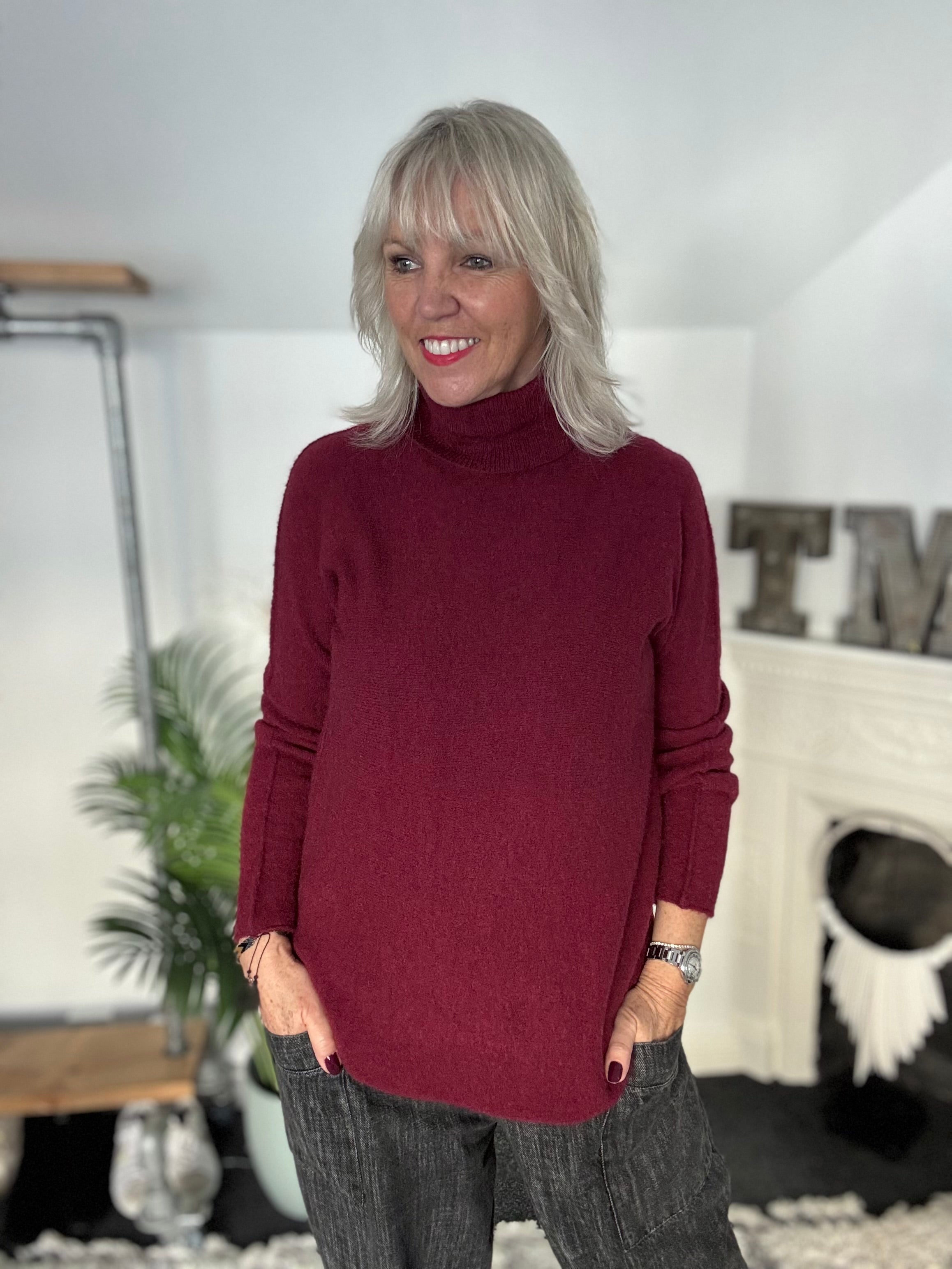 Simple Roll Neck Jumper in Wine