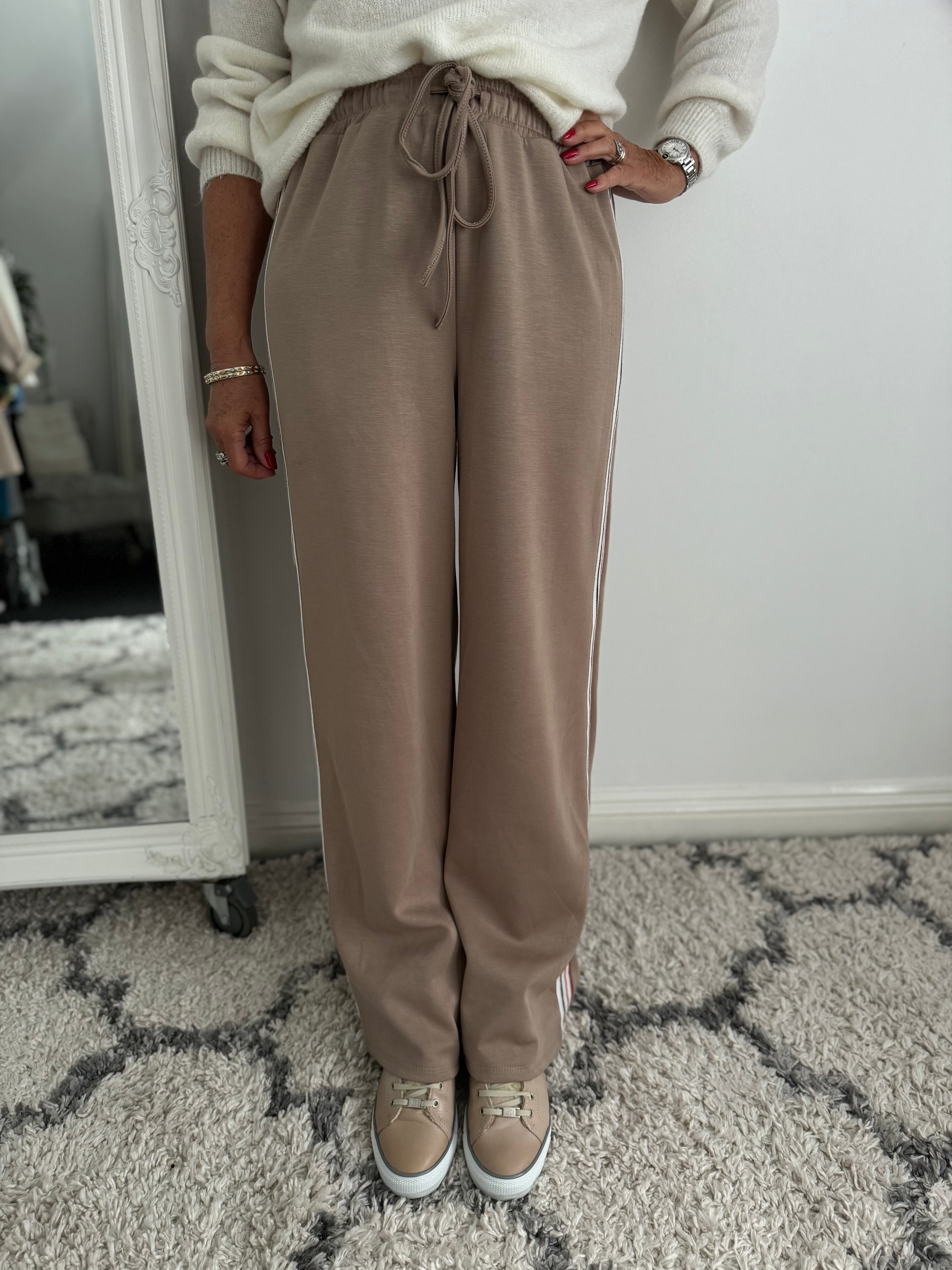 Wide Leg Jersey Trousers with Side Stripes in Mocha