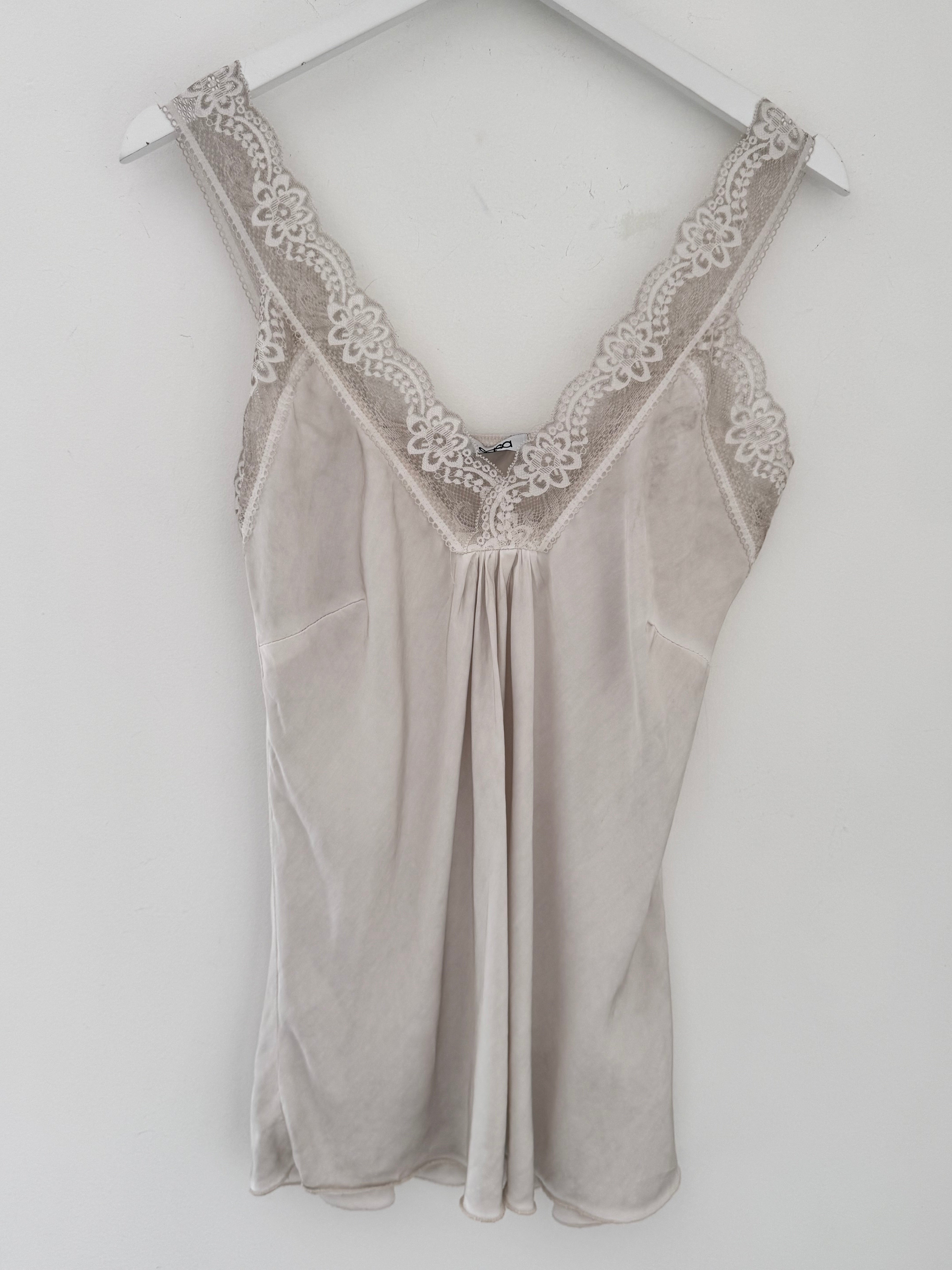 Lace Trim Silk Cami in Silvery Ecru